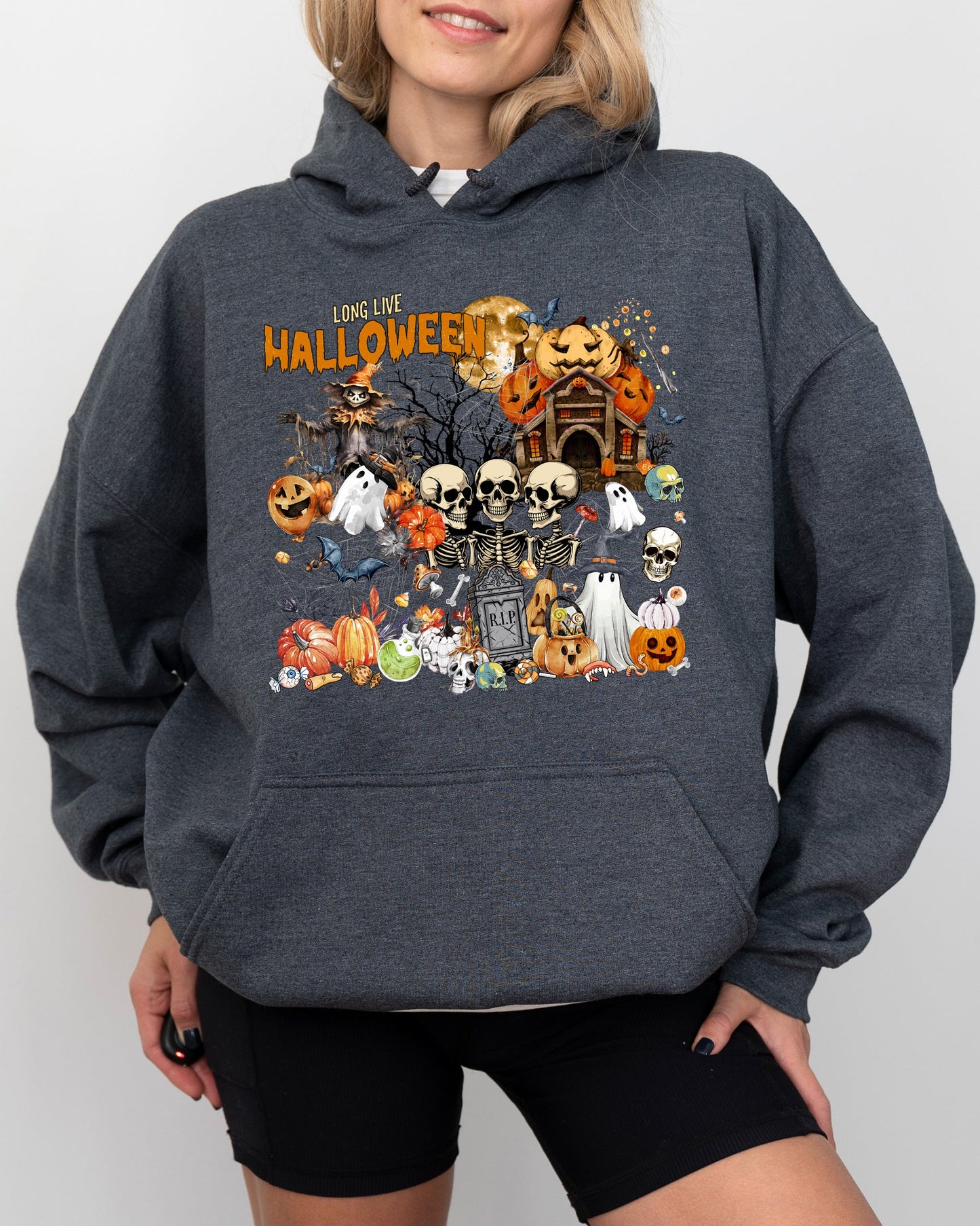 Long Live Halloween, Spooky Scene, Witch, Skeleton, Ghost, Haunted Hooded Sweatshirt