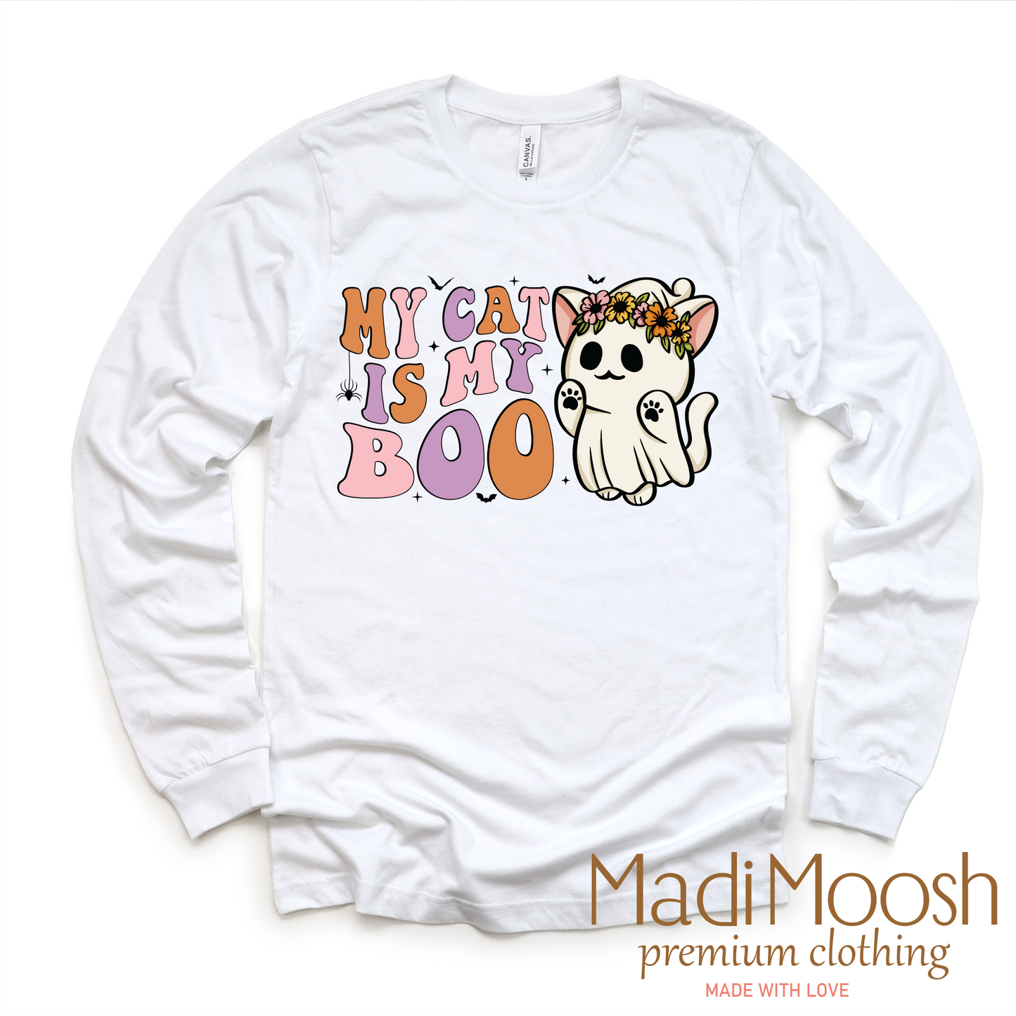 My Cat Is My Boo Long Sleeve Halloween Tee White Shirt Madi Moosh