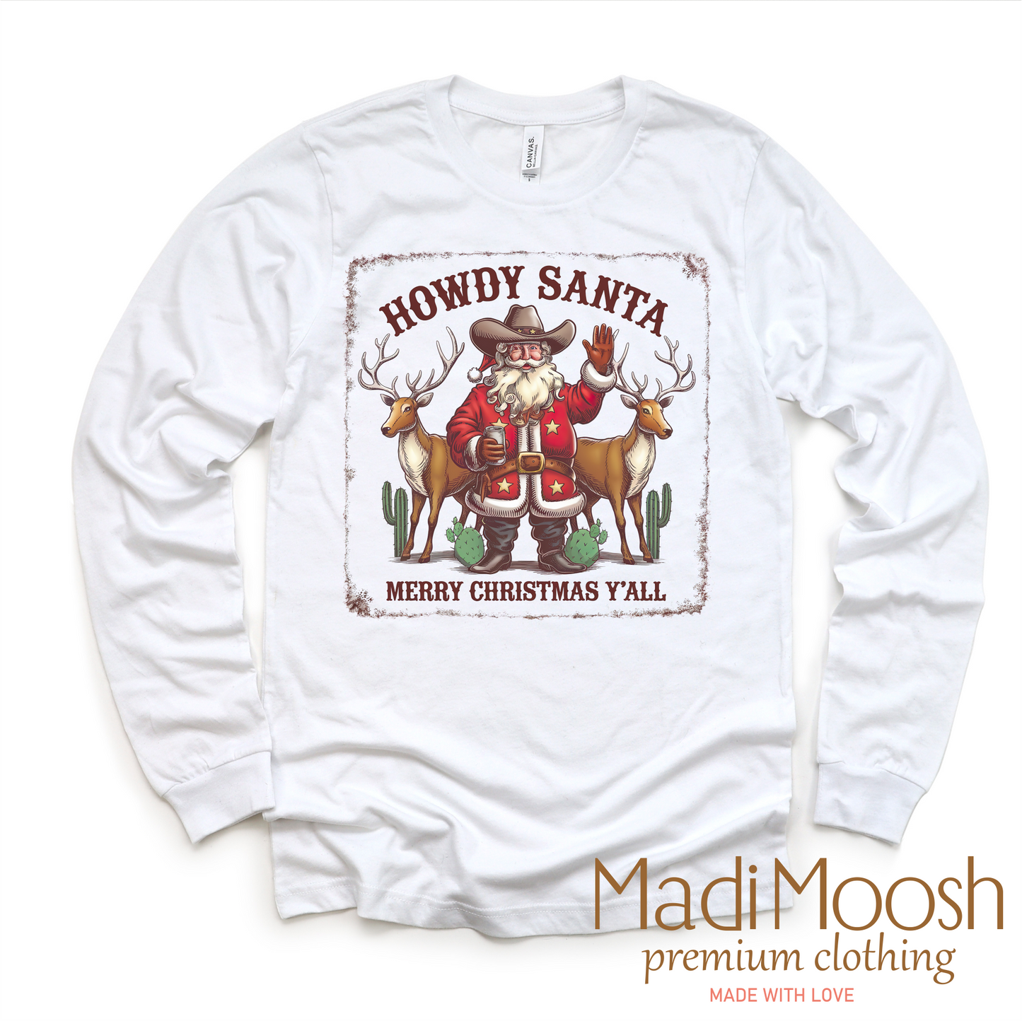 Howdy Santa Merry Christmas Y'all Long Sleeve White Christmas Tee