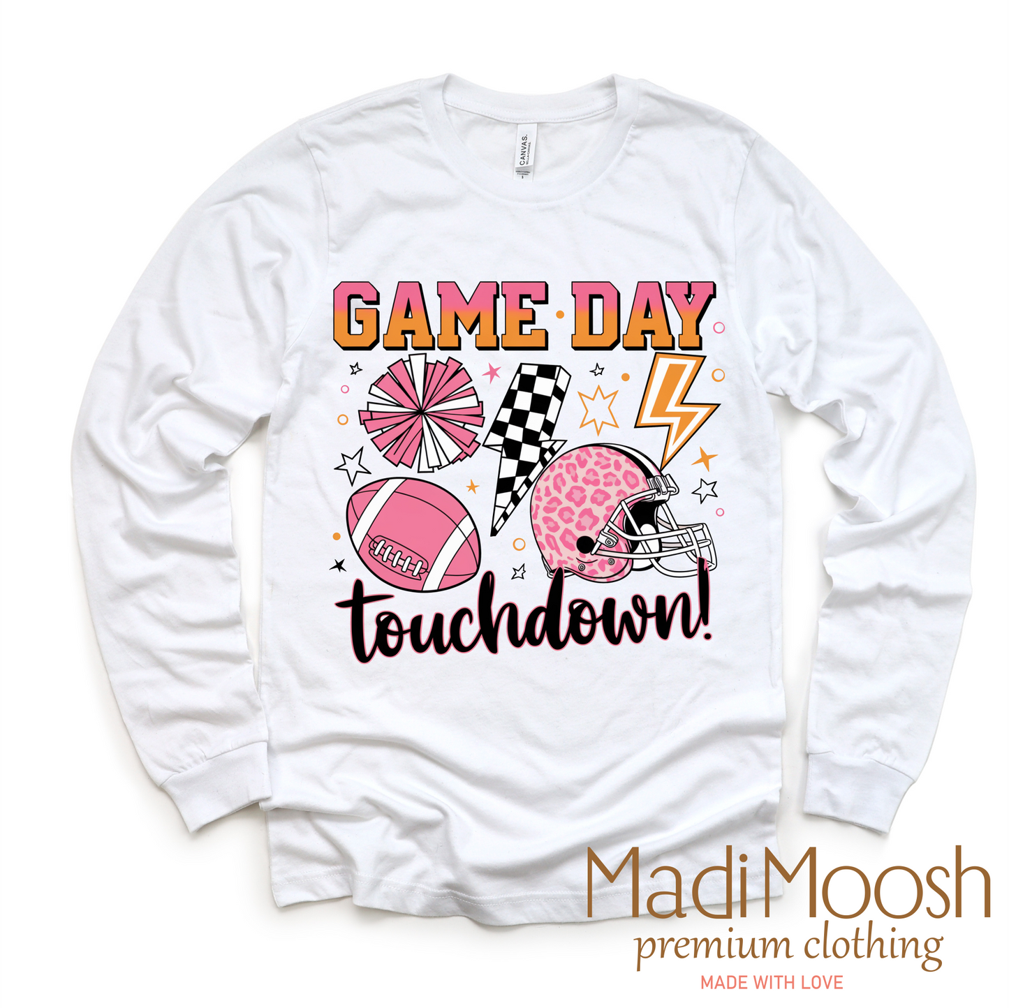 Game Day Football Touchdown Long Sleeve White Tee Shirt