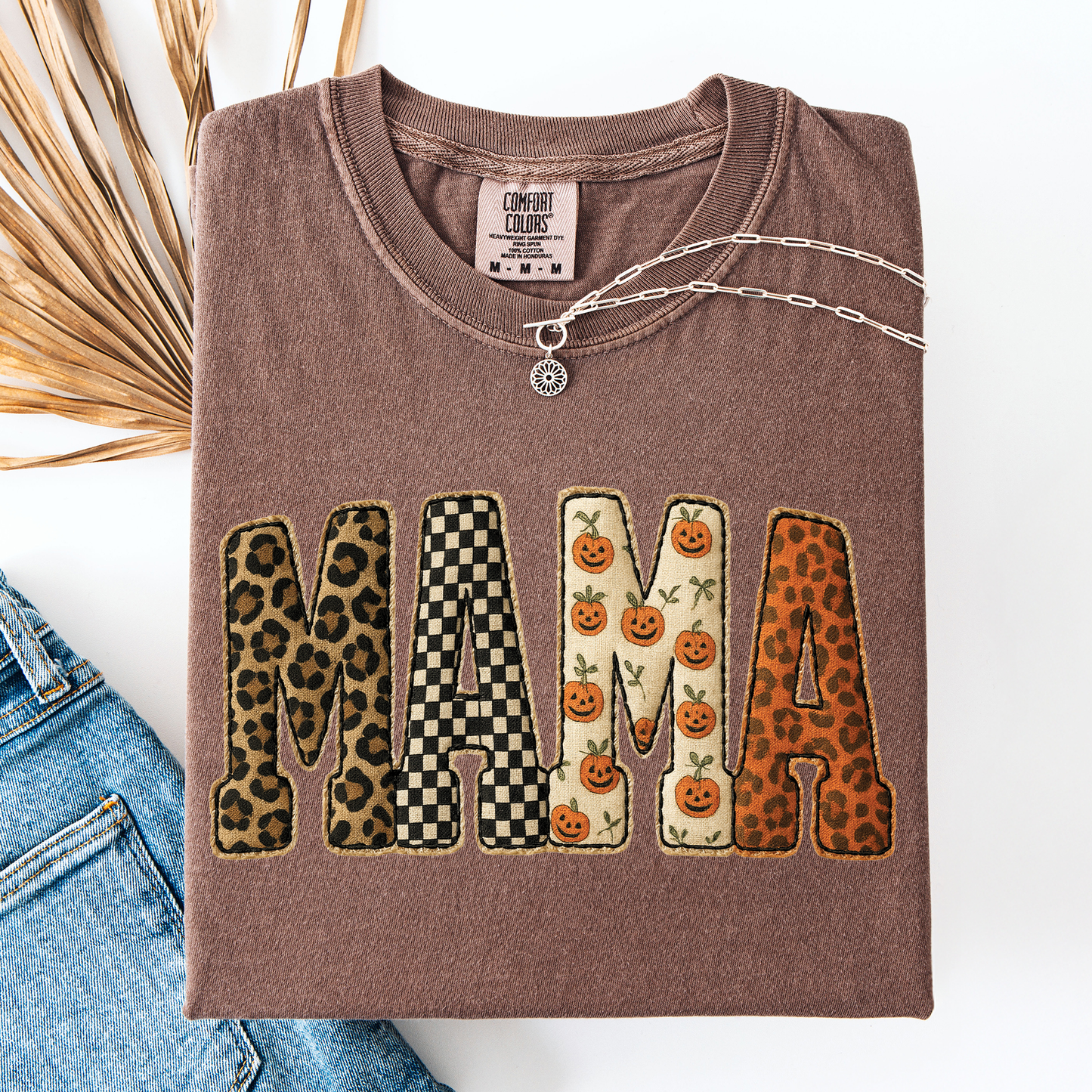 Mama Halloween Pattern Leopard Print Checkered Pumpkin Comfort Colors T-Shirt