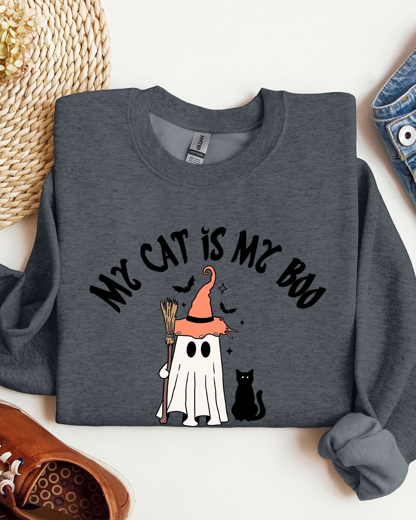 My Cat Is My Boo Cozy Halloween Sweatshirt Cotton Polyester Blend