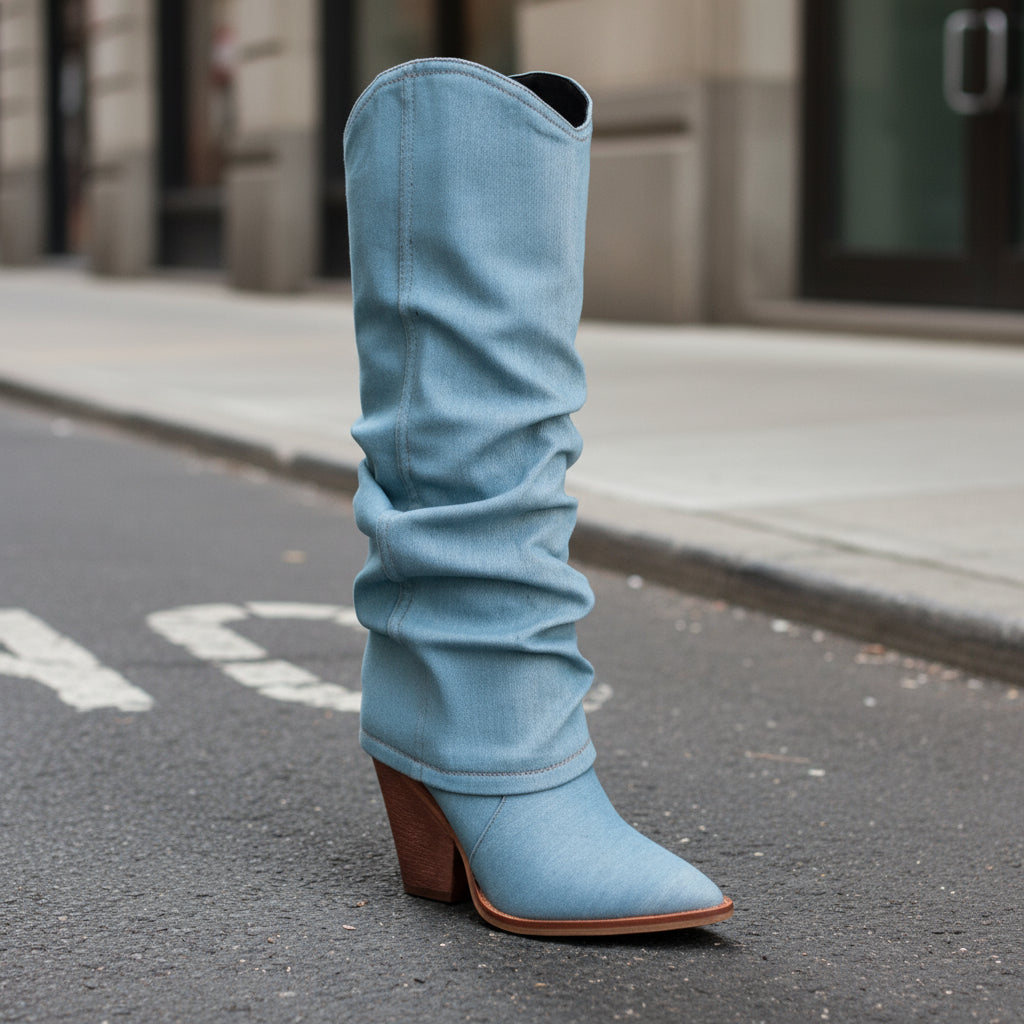 Vintage Pointed-Toe Chunky Heel High Tube Boots Statement Heels