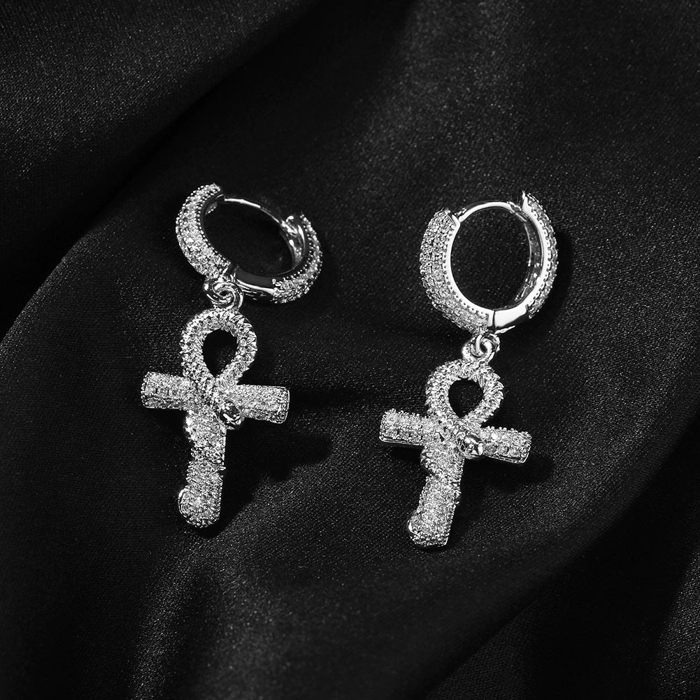 Hip-hop Gold Ankh Snake Zircon Earrings for Men