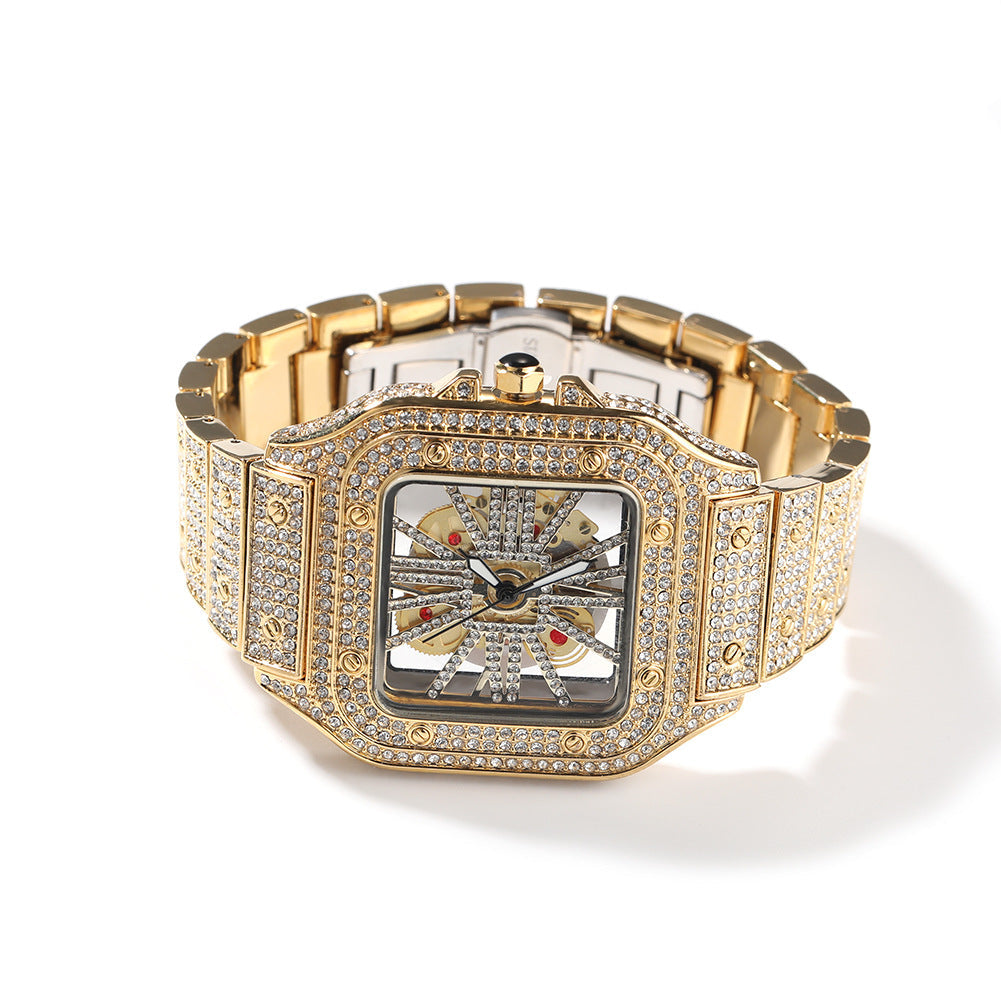 Diamond-Encrusted Hollowed-Out Square Watch Gold Skeleton Casual Men