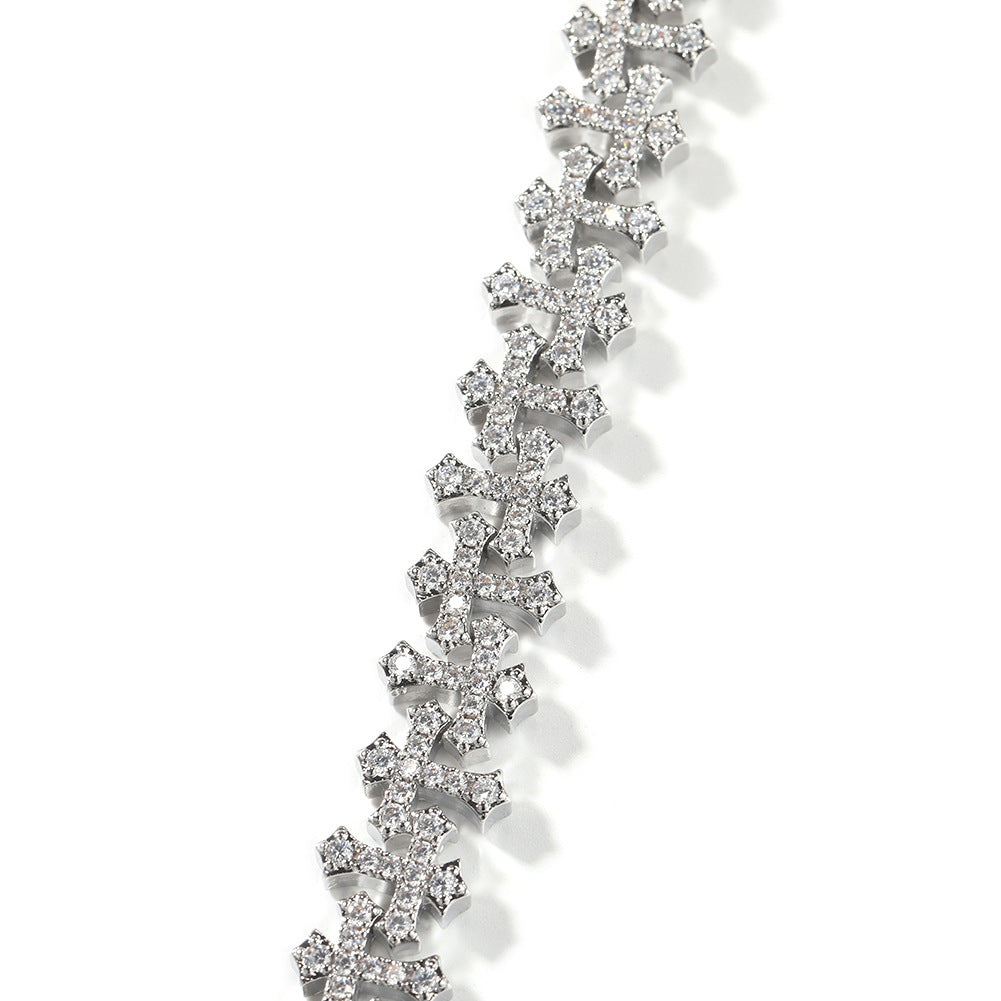 11.5MM Zircon-Encrusted Cross Hip-hop Bracelet Brass