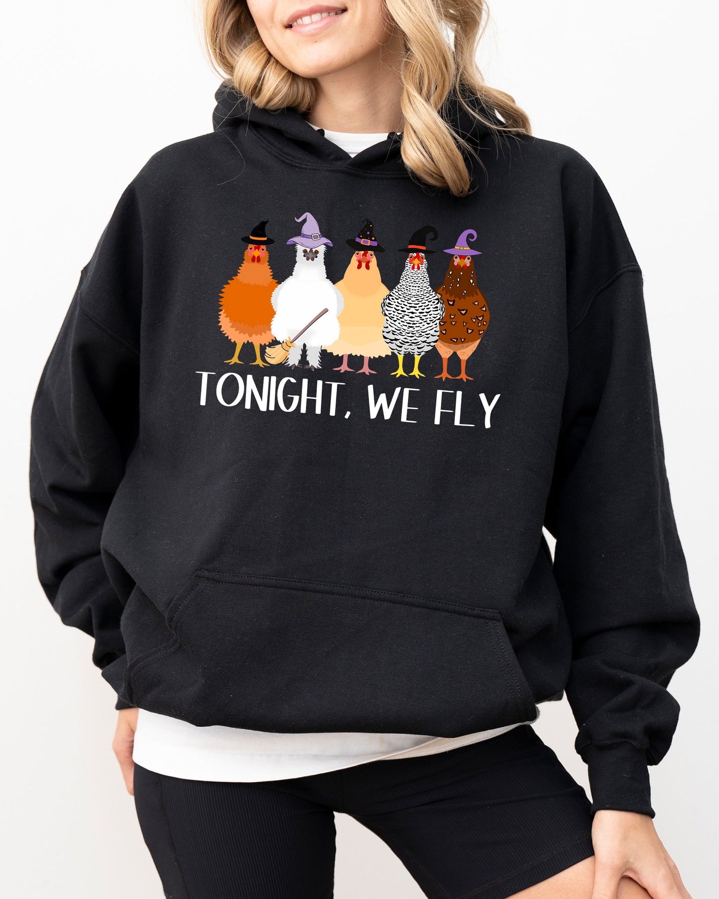 Tonight We Fly, Chickens, Skeleton, Funny, Witch, Aesthetic, Meme, Halloween, Spooky, Costume, Hoodie, Hooded Sweatshirt
