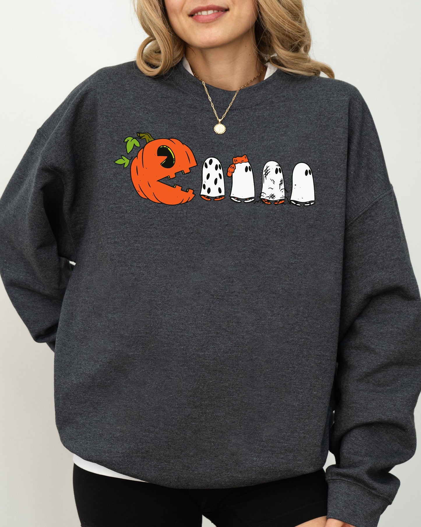 Pacman Pumpkin, Spooky, Skeleton, Funny, Witch, Aesthetic, Meme, Halloween, Costume Sweatshirt