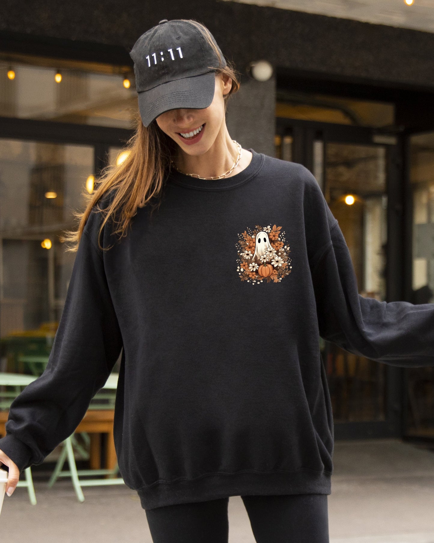 Floral Ghost Pocket Skeleton Halloween Costume Sweatshirt