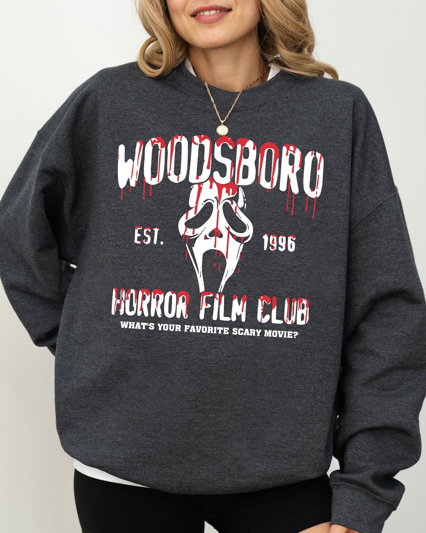 Woodsboro, Horror Film, Skeleton, Spooky, Ghost, Funny, Witch, Aesthetic, Meme, Halloween, Costume Sweatshirt