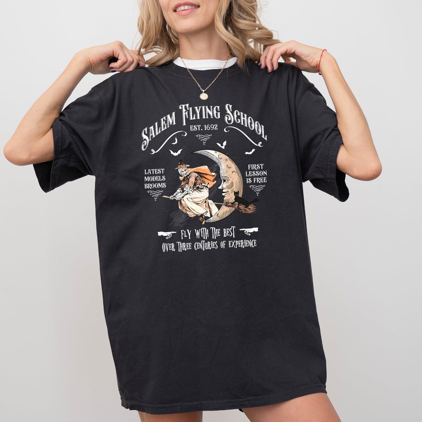 Salem Flying School Skeleton Funny Spooky Witch Halloween Costume Tshirt Comfort Colors T-Shirt
