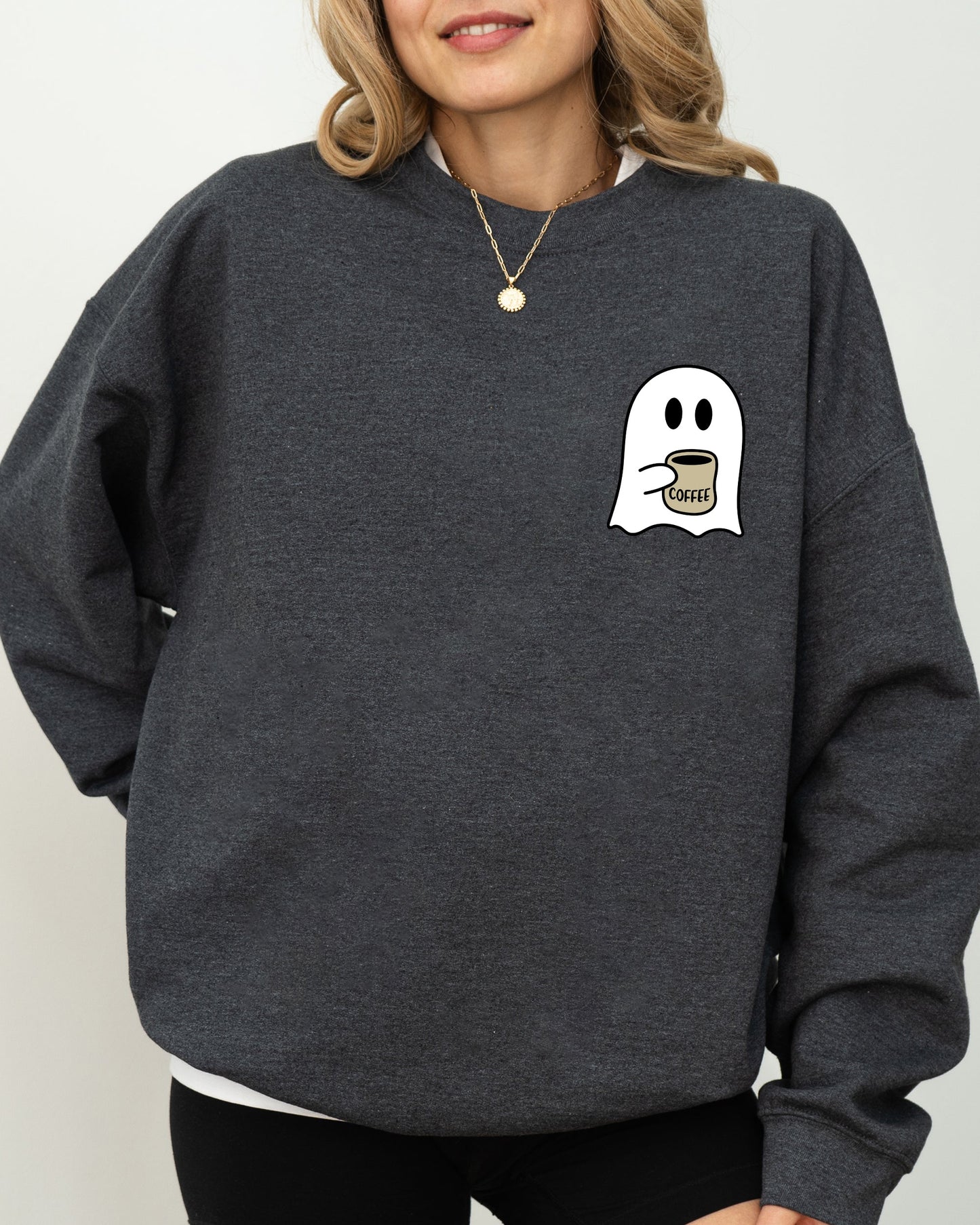 Ghost Coffee Lover Pocket Skeleton Witch Skull Halloween Costume Sweatshirt
