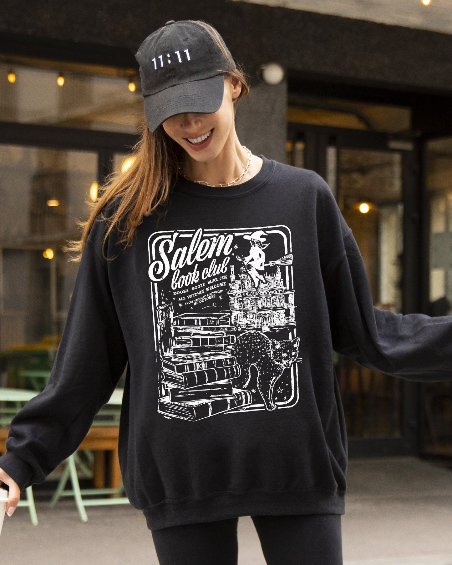 Salem Book Club Spooky Costume Sweatshirt Halloween Skeleton Witch Skull