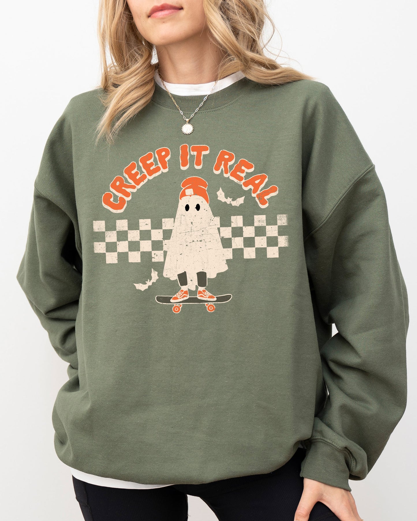Creep It Real Spooky Costume Sweatshirt Retro Ghost Skeleton Witch Skull Halloween