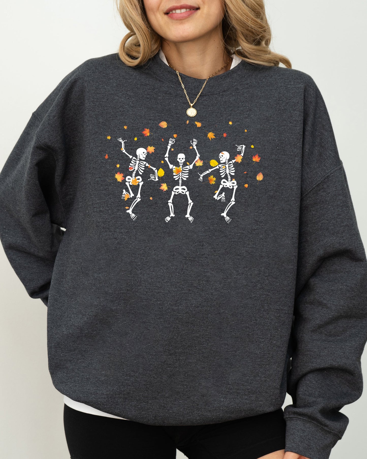 Fall Leaves Dancing Halloween Costume Sweatshirt with Skeletons and Witch Design