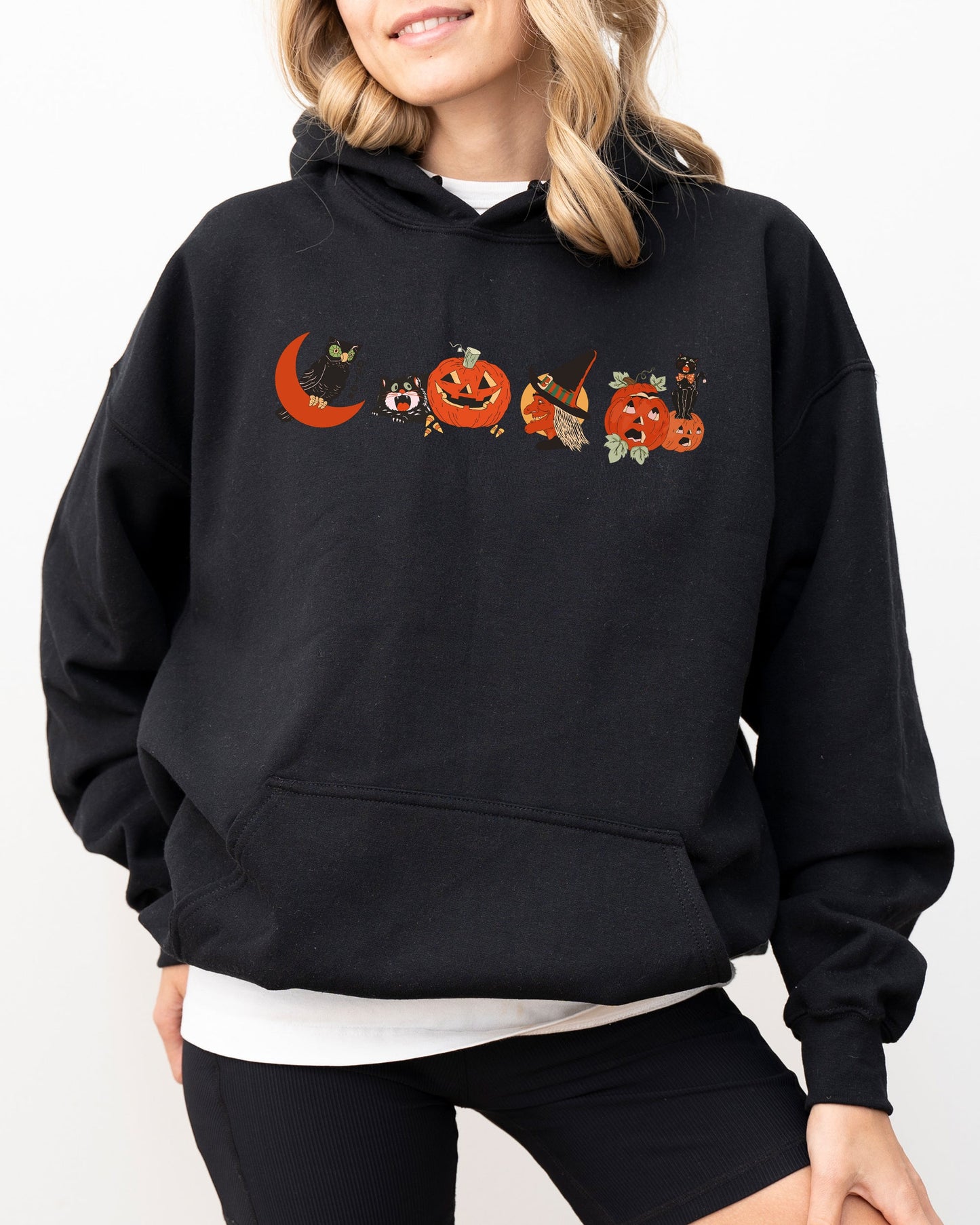 Vintage Pumpkin Skeleton Witch Skull Spooky Halloween Costume Hoodie
