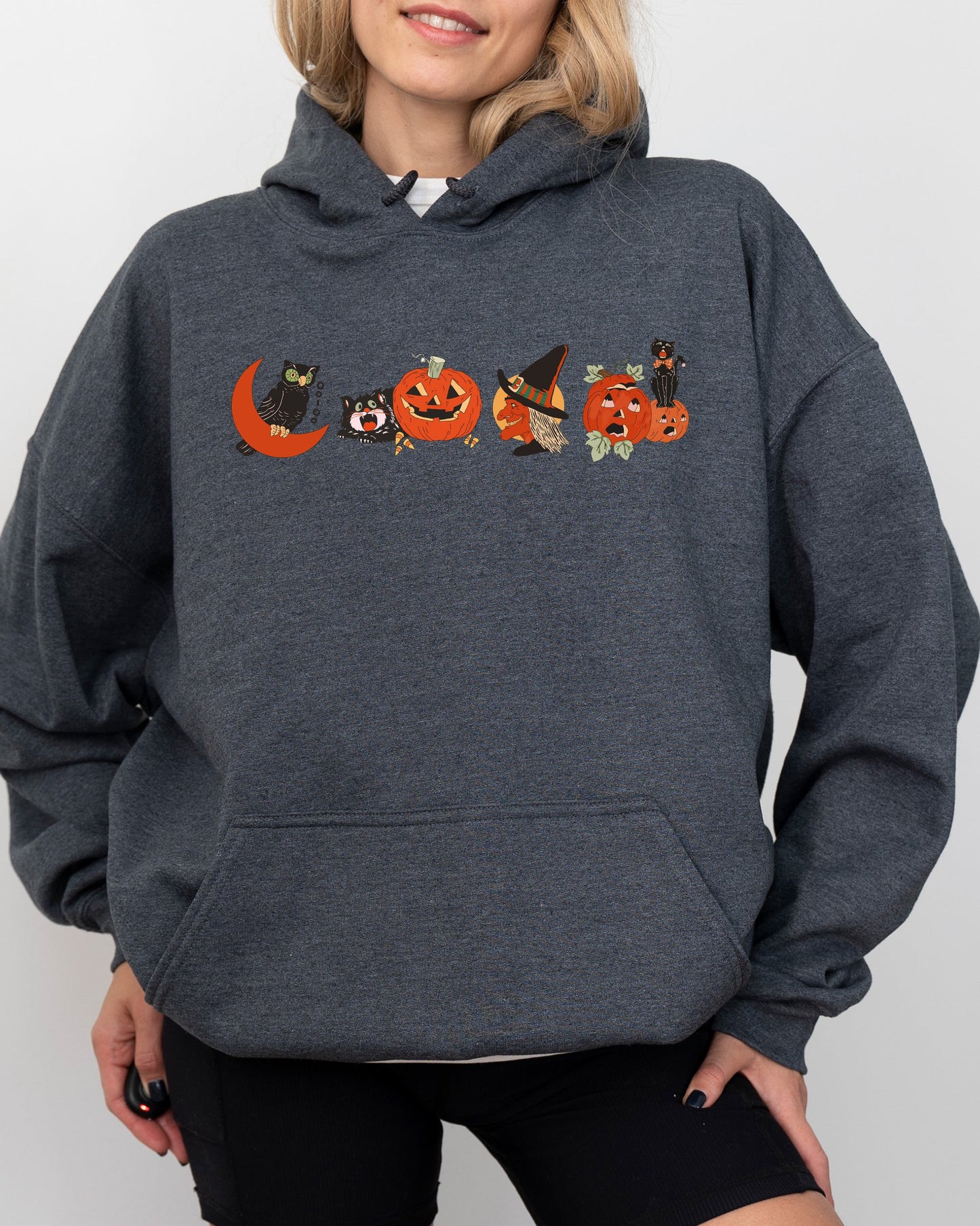 Vintage Pumpkin Skeleton Witch Skull Spooky Halloween Costume Hoodie