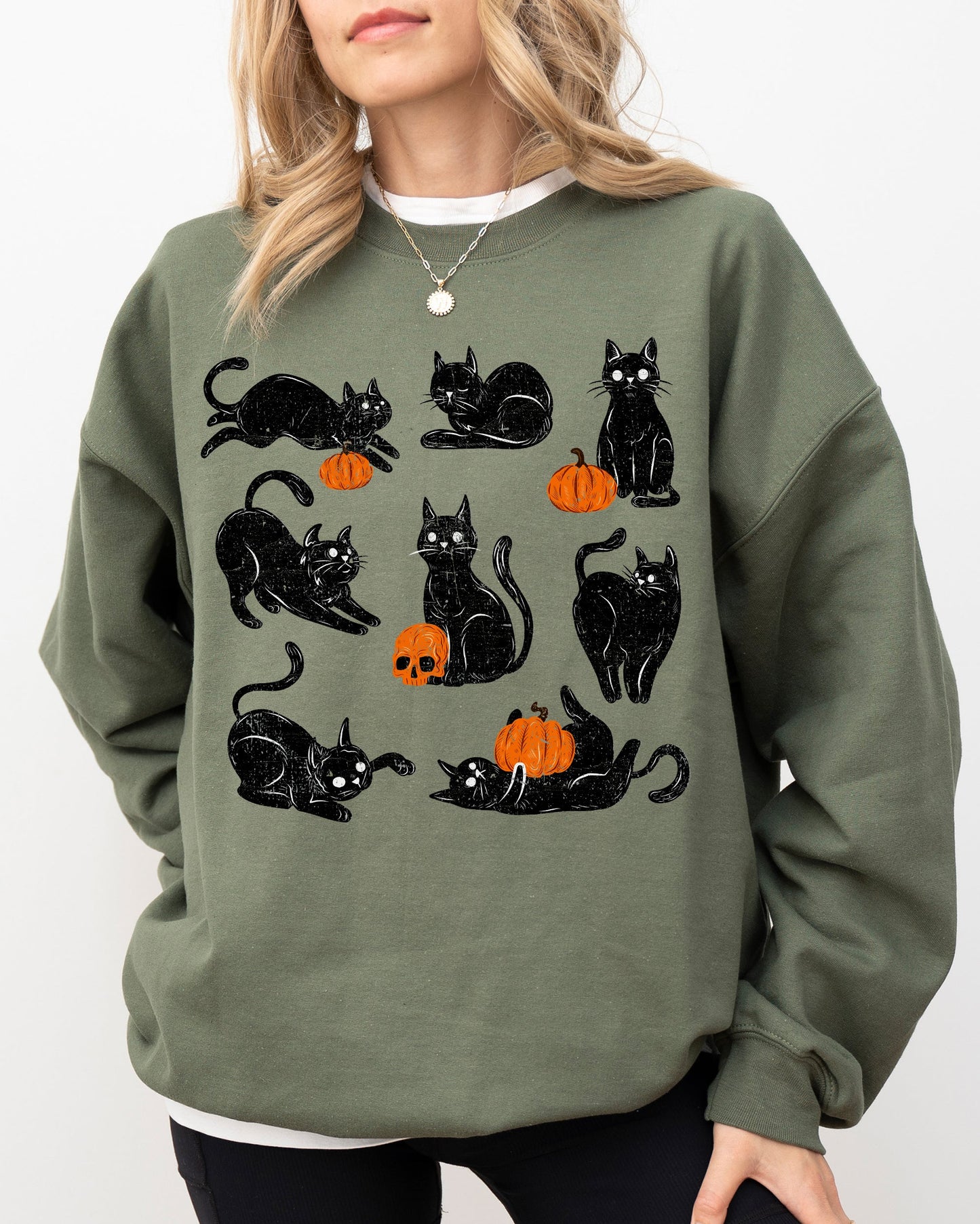 Mini Cats and Pumpkins, Skeleton, Witch, Ghost, Skull, Spooky, Aesthetic, Meme, Halloween, Costume Sweatshirt