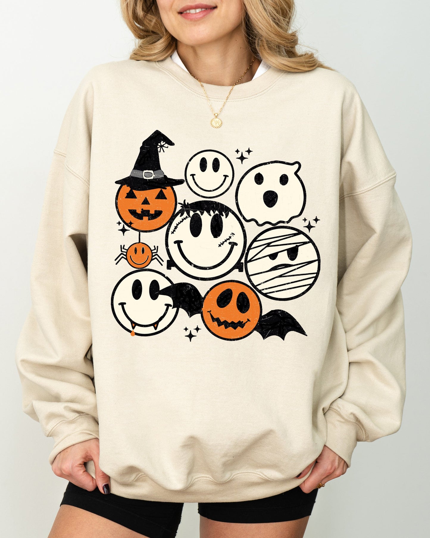 Retro Spooky Faces, Skeleton, Witch, Skull, Aesthetic, Meme, Halloween, Costume Sweatshirt