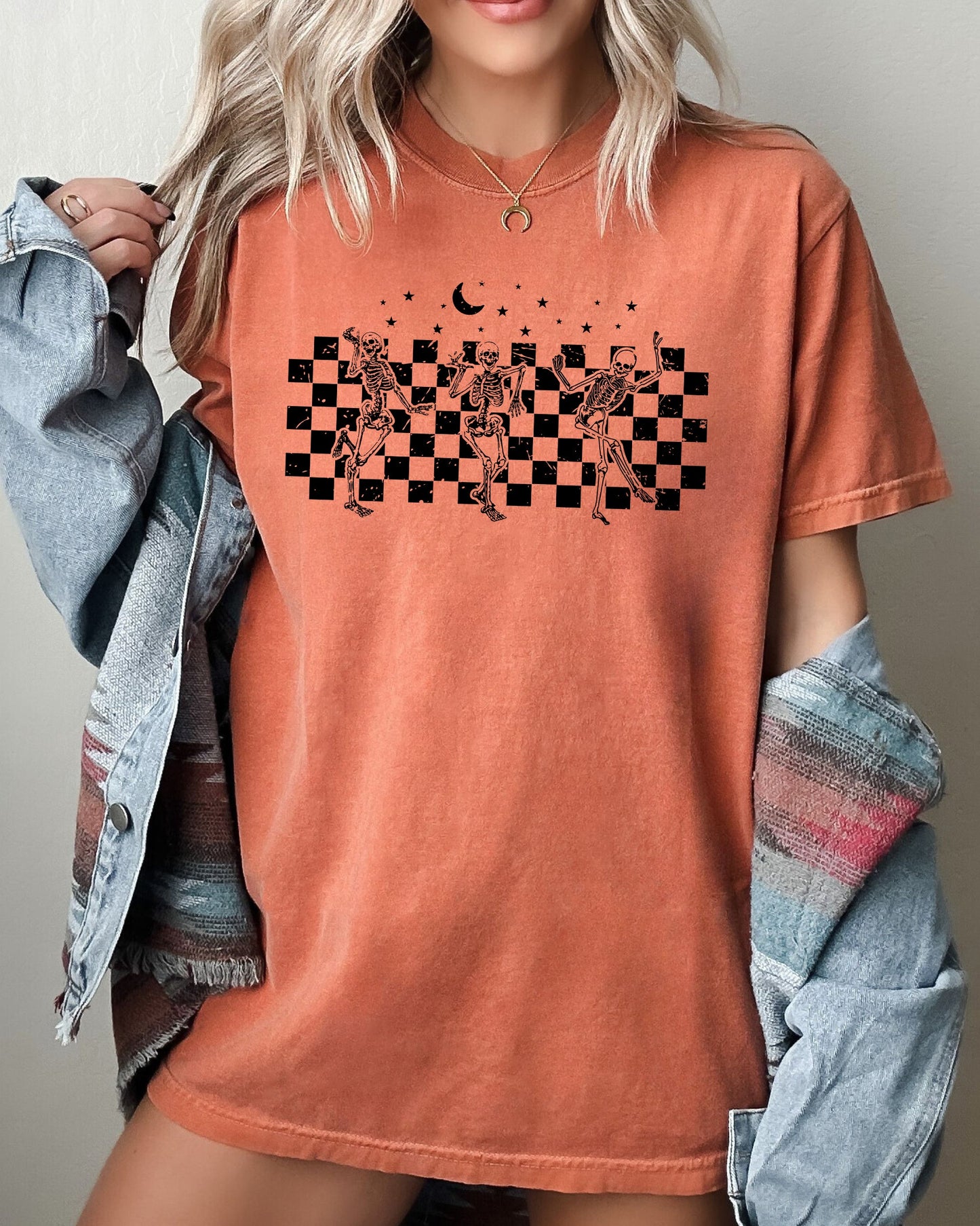 Dancing Skeletons Checkered Halloween Costume T-Shirt Comfort Colors