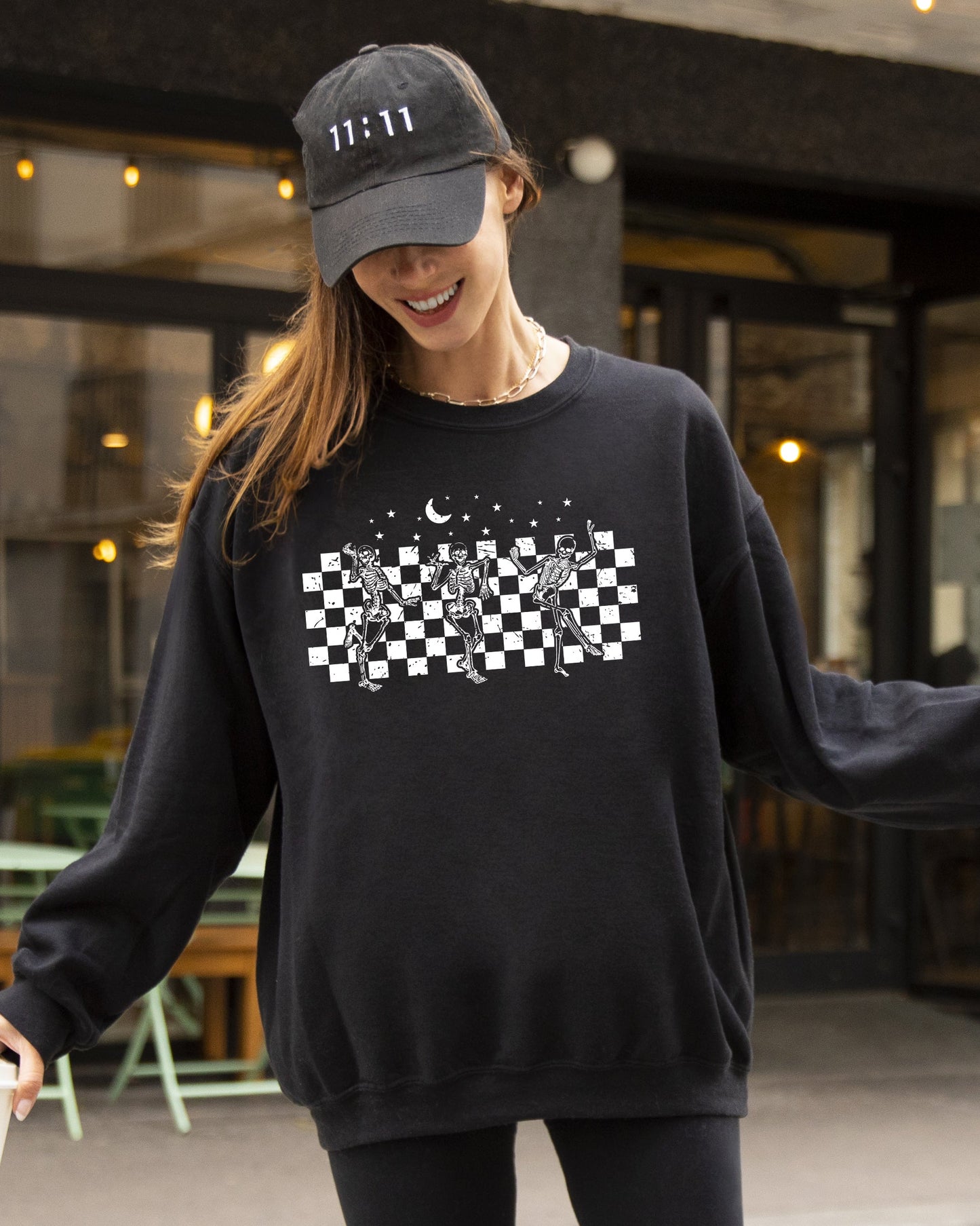 Dancing Skeletons Checkered Halloween Costume Sweatshirt