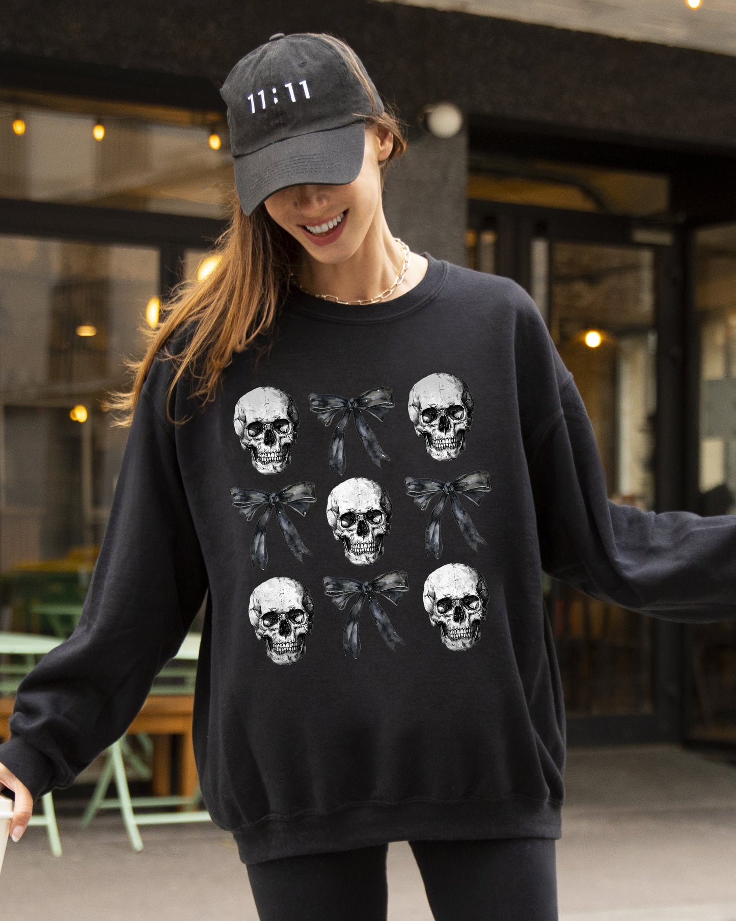 Halloween Costume Sweatshirt with Bows and Skulls, Skeleton, Ghost, Western, Witch, Aesthetic, Meme