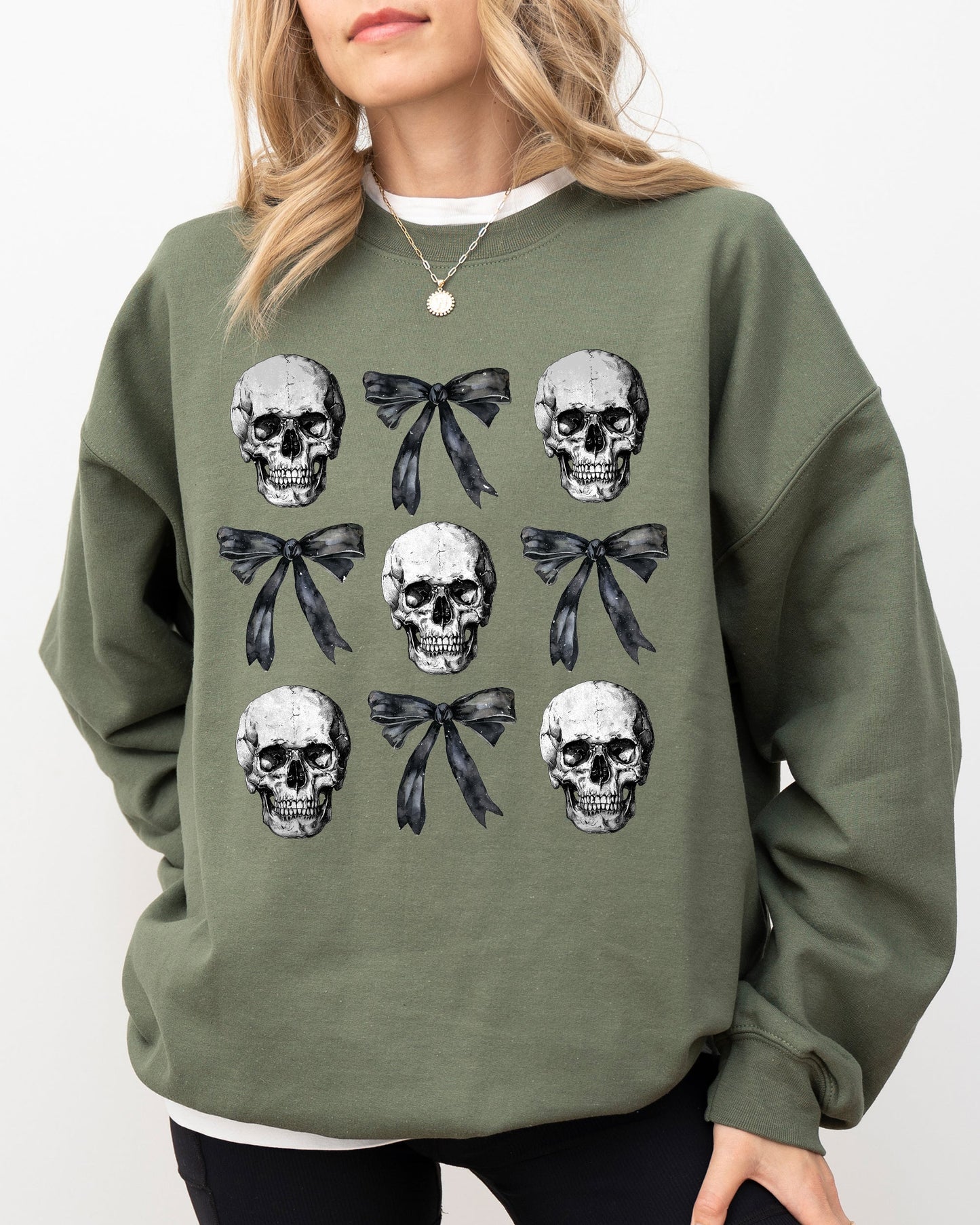 Halloween Costume Sweatshirt with Bows and Skulls, Skeleton, Ghost, Western, Witch, Aesthetic, Meme