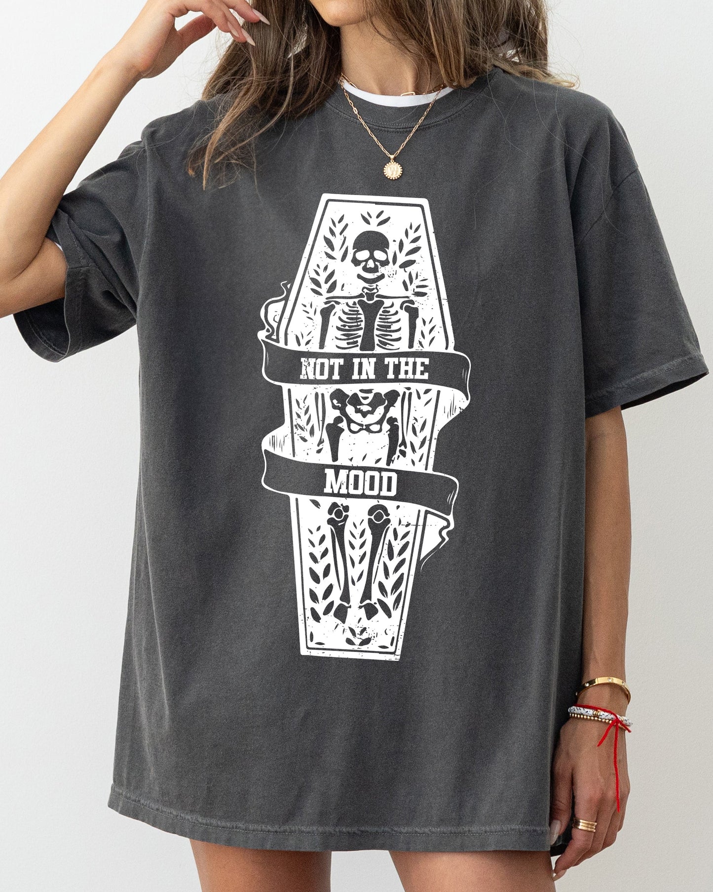 Not In The Mood, Coffin, Skull, Skeleton, Ghost, Western, Witch, Aesthetic, Meme, Halloween, Costume, Tshirt Comfort Colors T-Shirt
