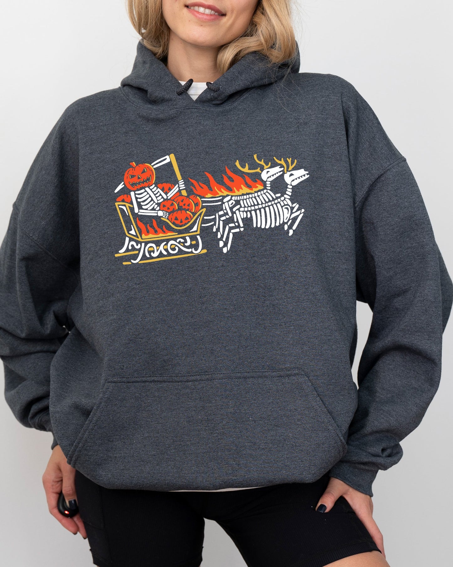 Pumpkin Head, Sleigh, Santa, Skeleton, Ghost, Spooky, Scary, Skull, Western, Witch, Aesthetic, Meme, Halloween, Costume, Hoodie, Hooded Sweatshirt