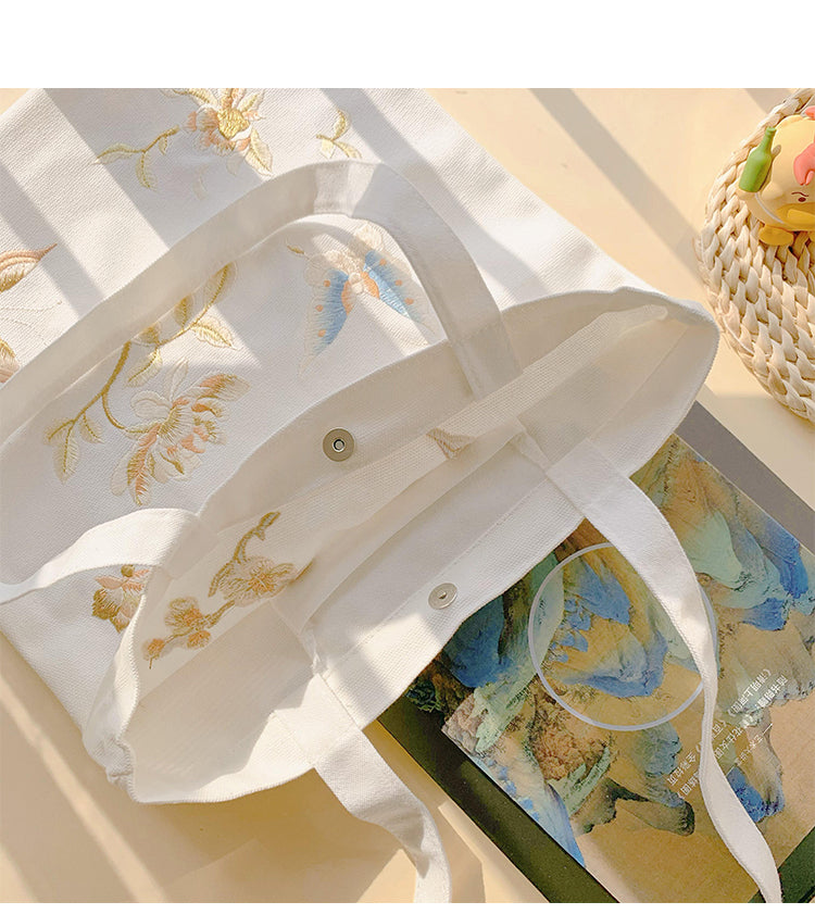 Peony Floral Embroidery Canvas Tote Bag