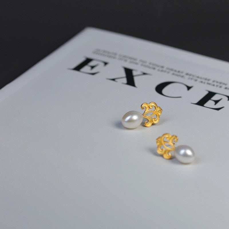 French Spring Natural Pearl Stud Earrings 18K Gold Plated 925 Silver
