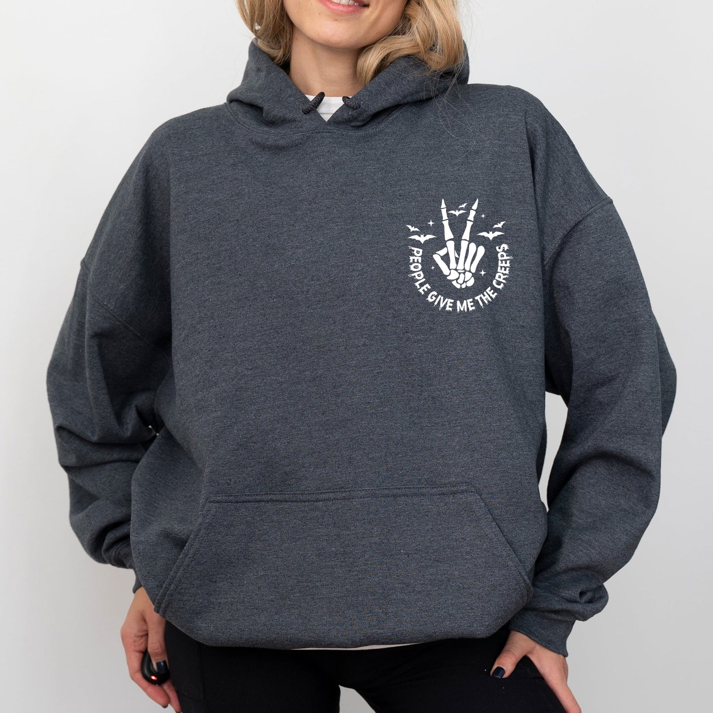 People Give Me The Creeps, Pocket Print, Skeleton, Bats, Witch, Halloween, Spooky Hoodie, Hooded Sweatshirt