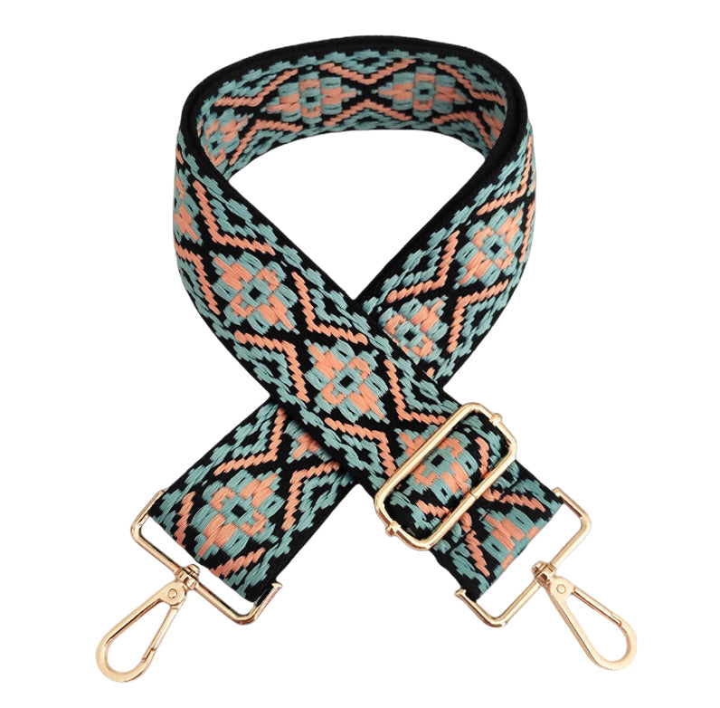 Teal and Light Pink Medallion Crossbody Bag Strap with Gold Hardware