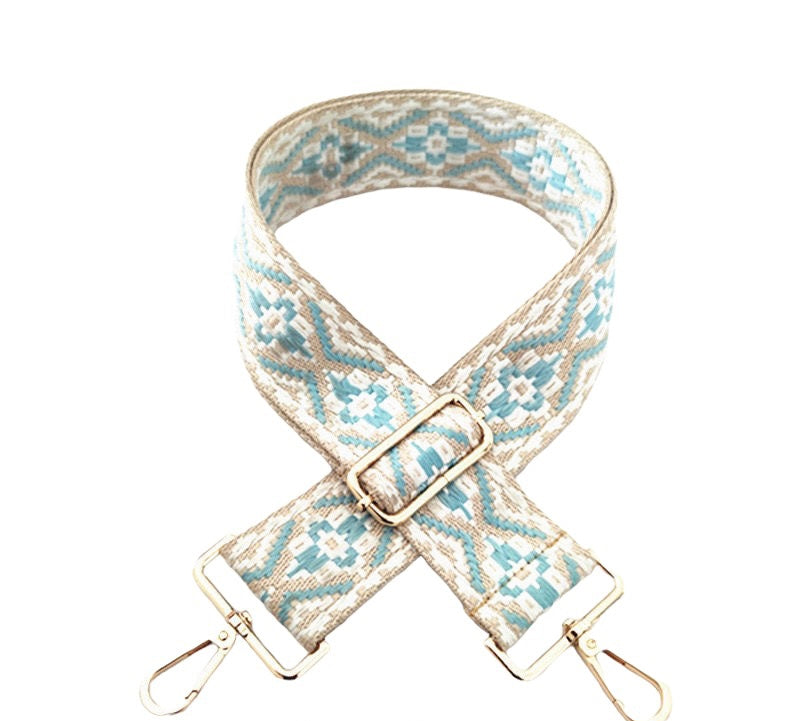 Light Blue Aztec Cotton Embroidery Crossbody Bag Strap Gold Hardware
