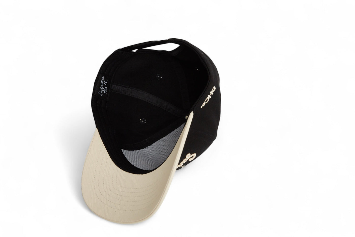 Script Hat Beige and Black Pre-curved Trucker Hat Destination Hat Co.