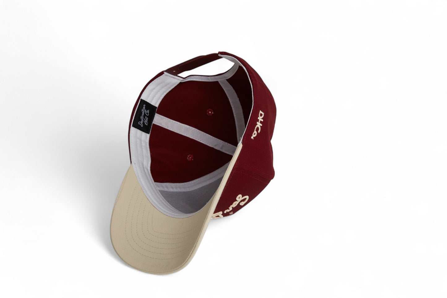 Script Hat Beige Maroon Trucker Hat Destination Hat Co.