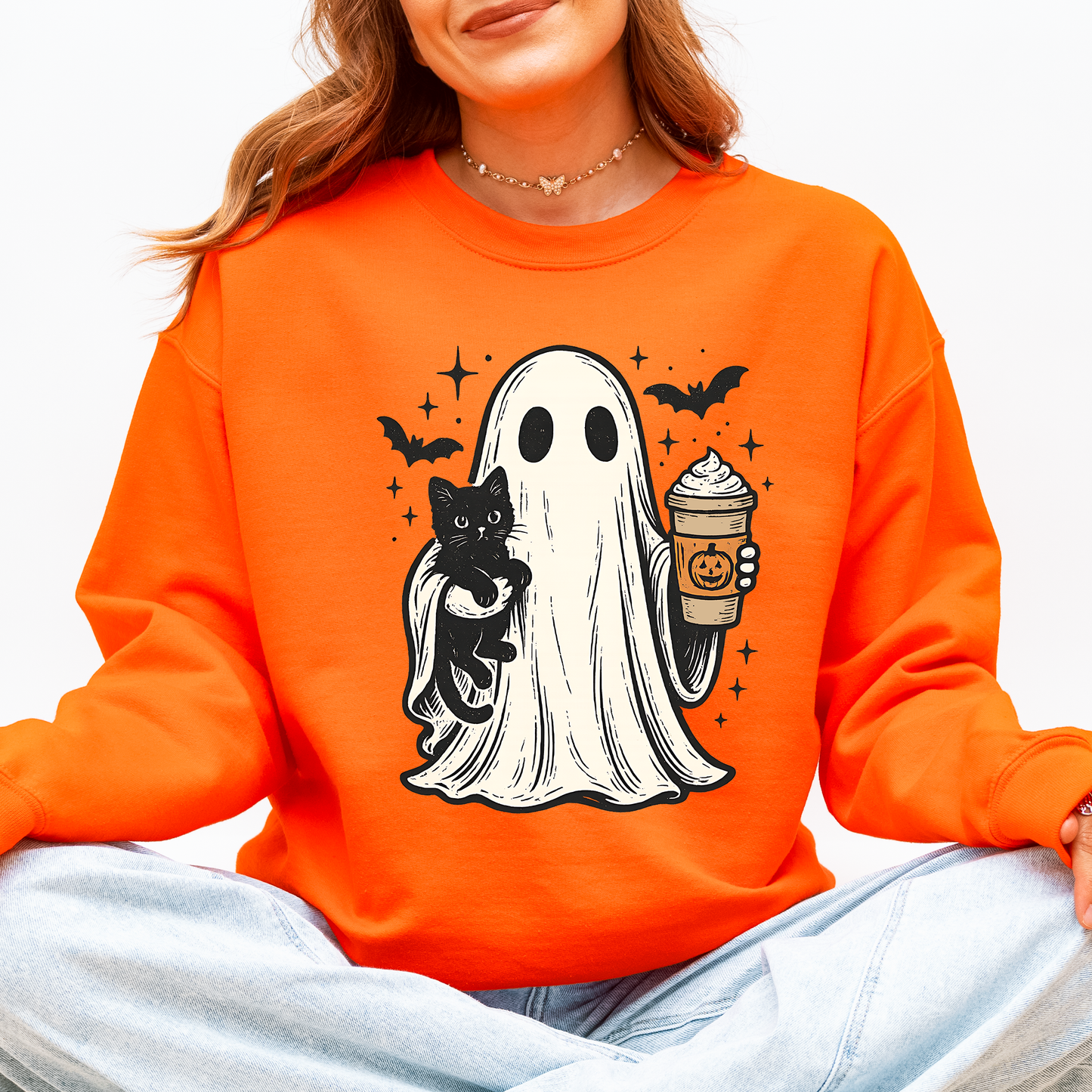 Pumpkin Spice Latte Sweatshirt Halloween Ghost Witch Cat Bats