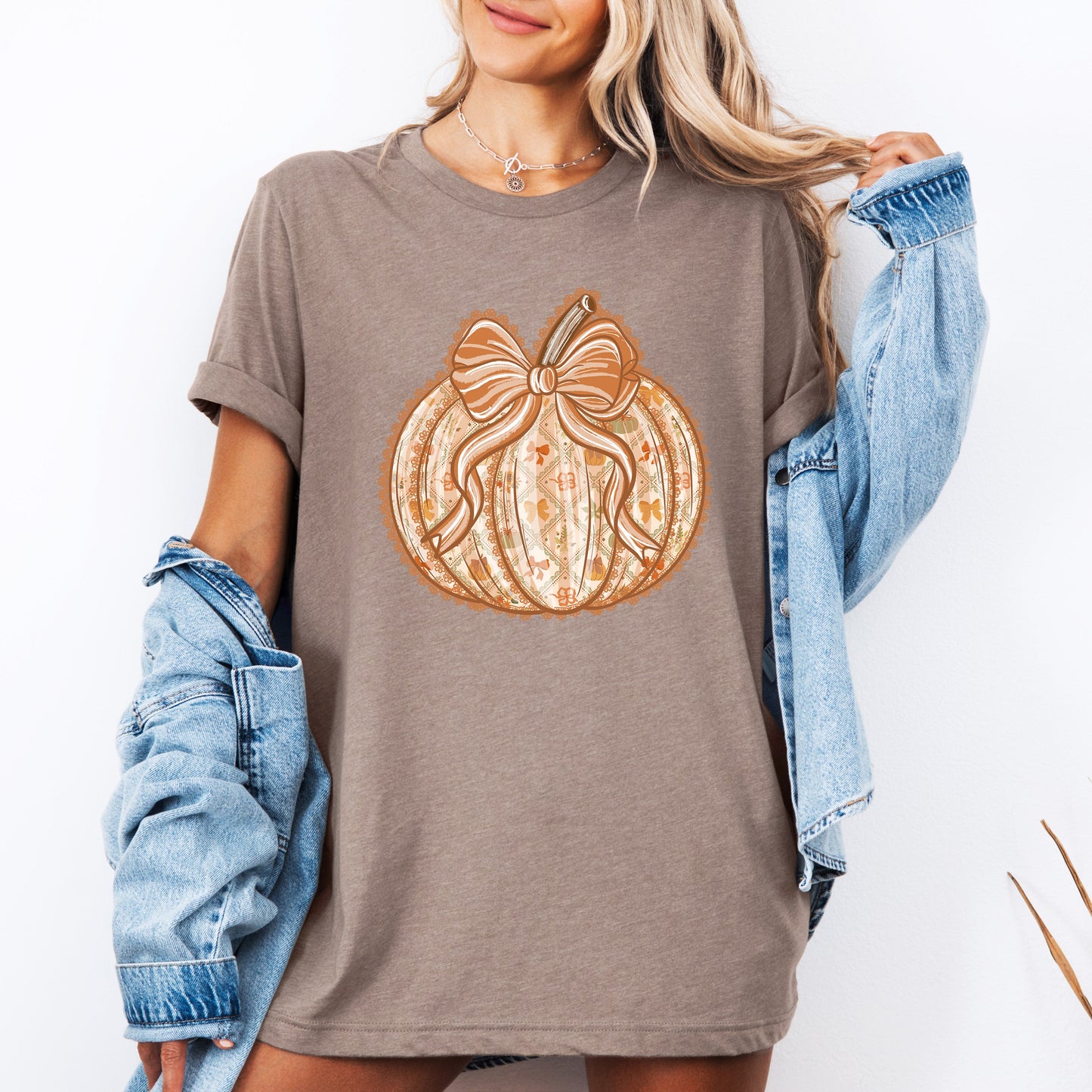 Pumpkin Faux Lace Coquette Pattern Tshirt Halloween Autumn Fall