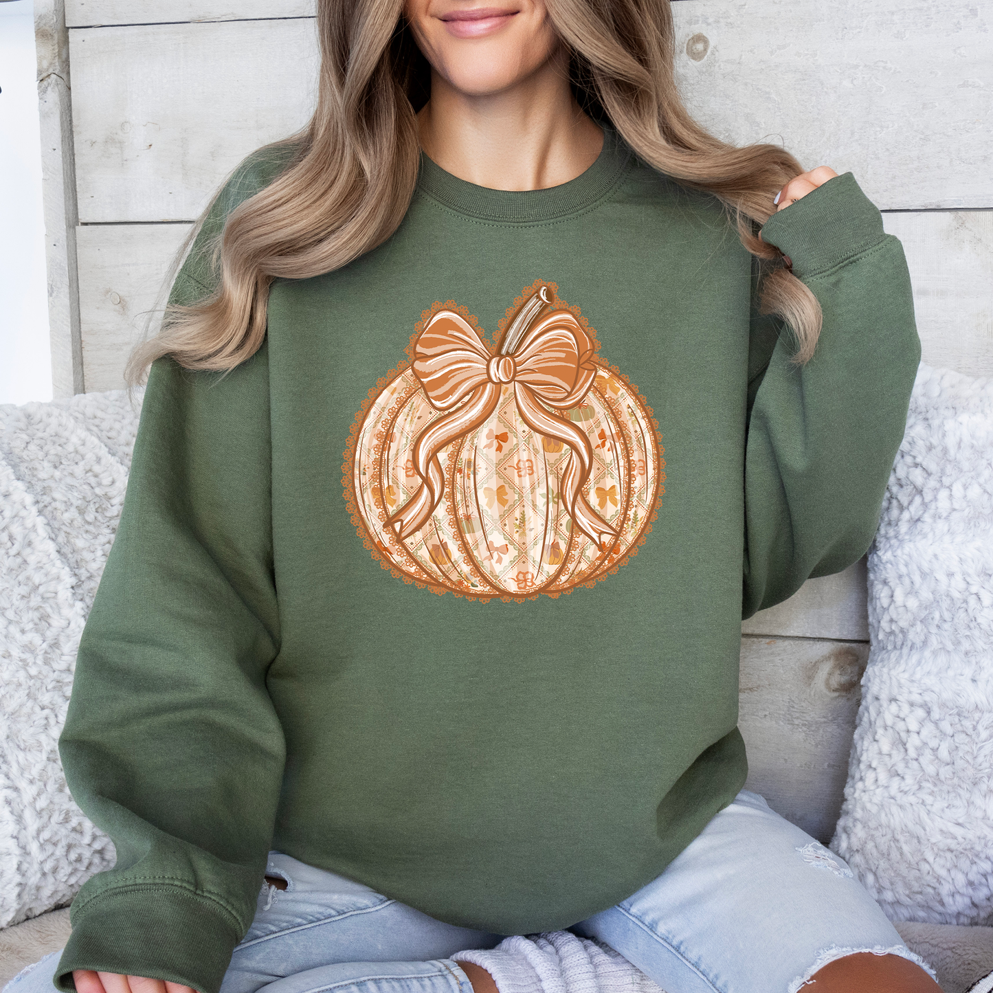 Pumpkin Faux Lace Coquette Pattern Sweatshirt Autumn Fall Sweatshirt