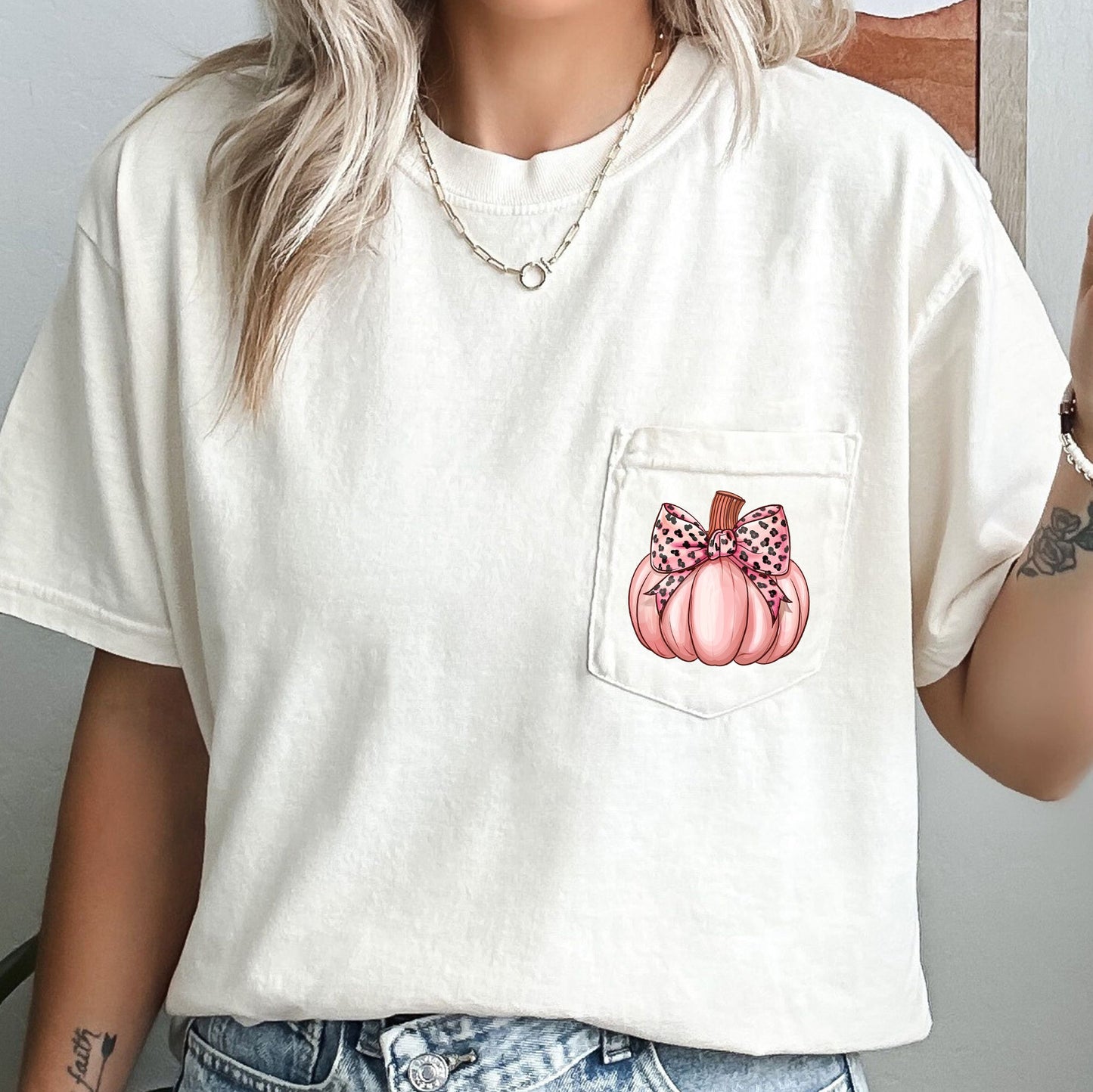 Pumpkin Leopard Print Bow Autumn Halloween Pocket Tee Comfort Colors T-Shirt