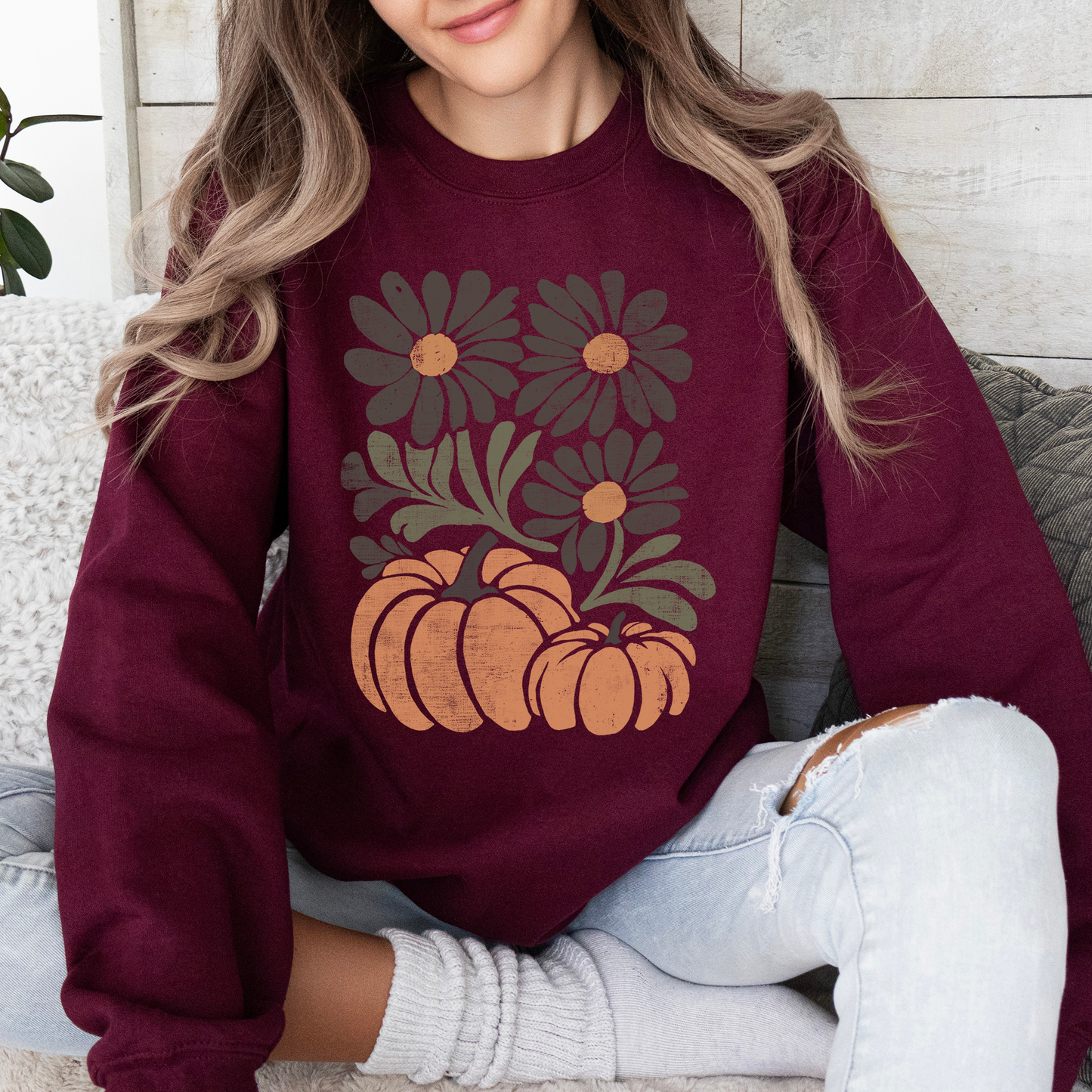 Watercolor Autumn Sweatshirt Pumpkins and Flowers Refinery Number One