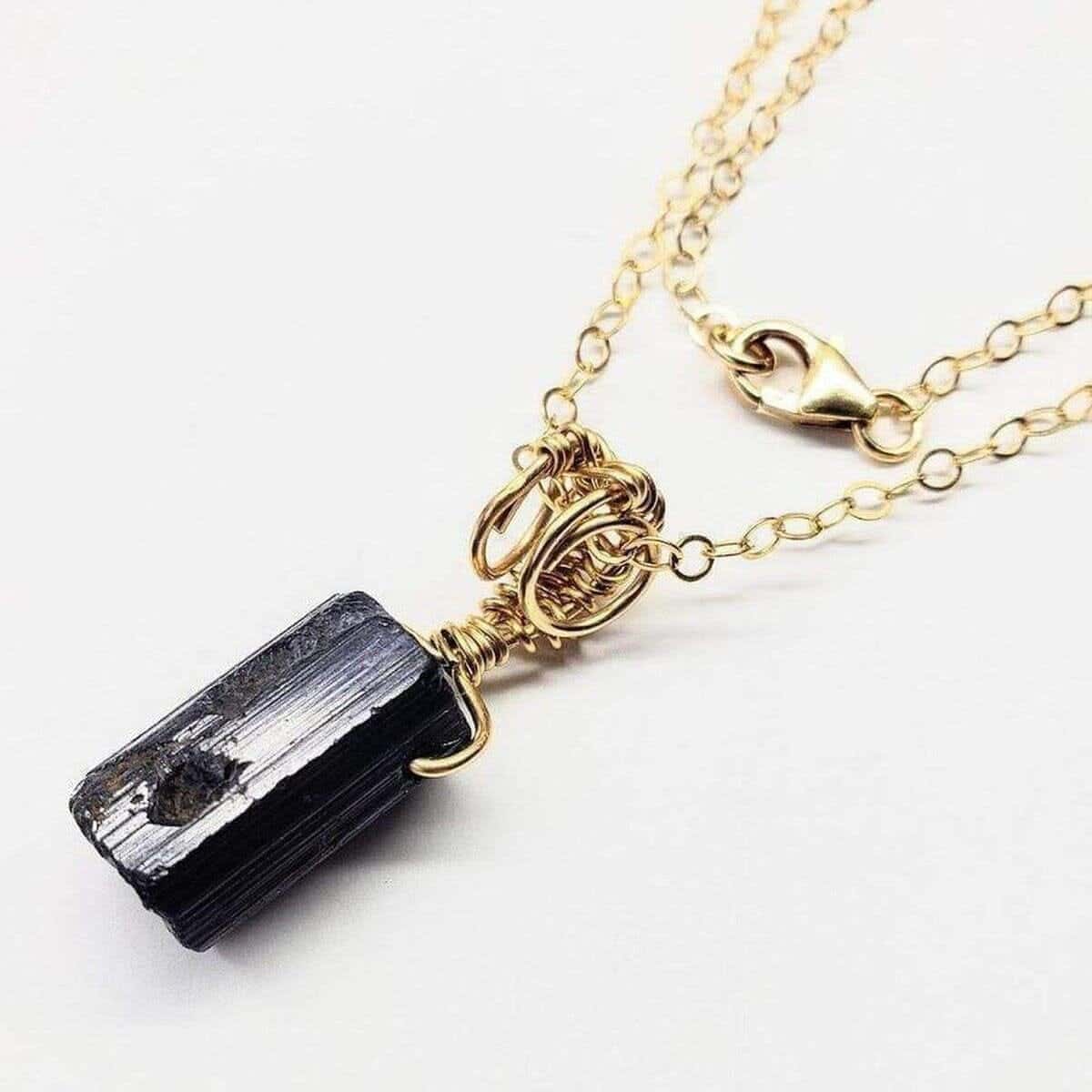 Raw Black Tourmaline Gemstone Necklace 14K Gold-Filled Handmade