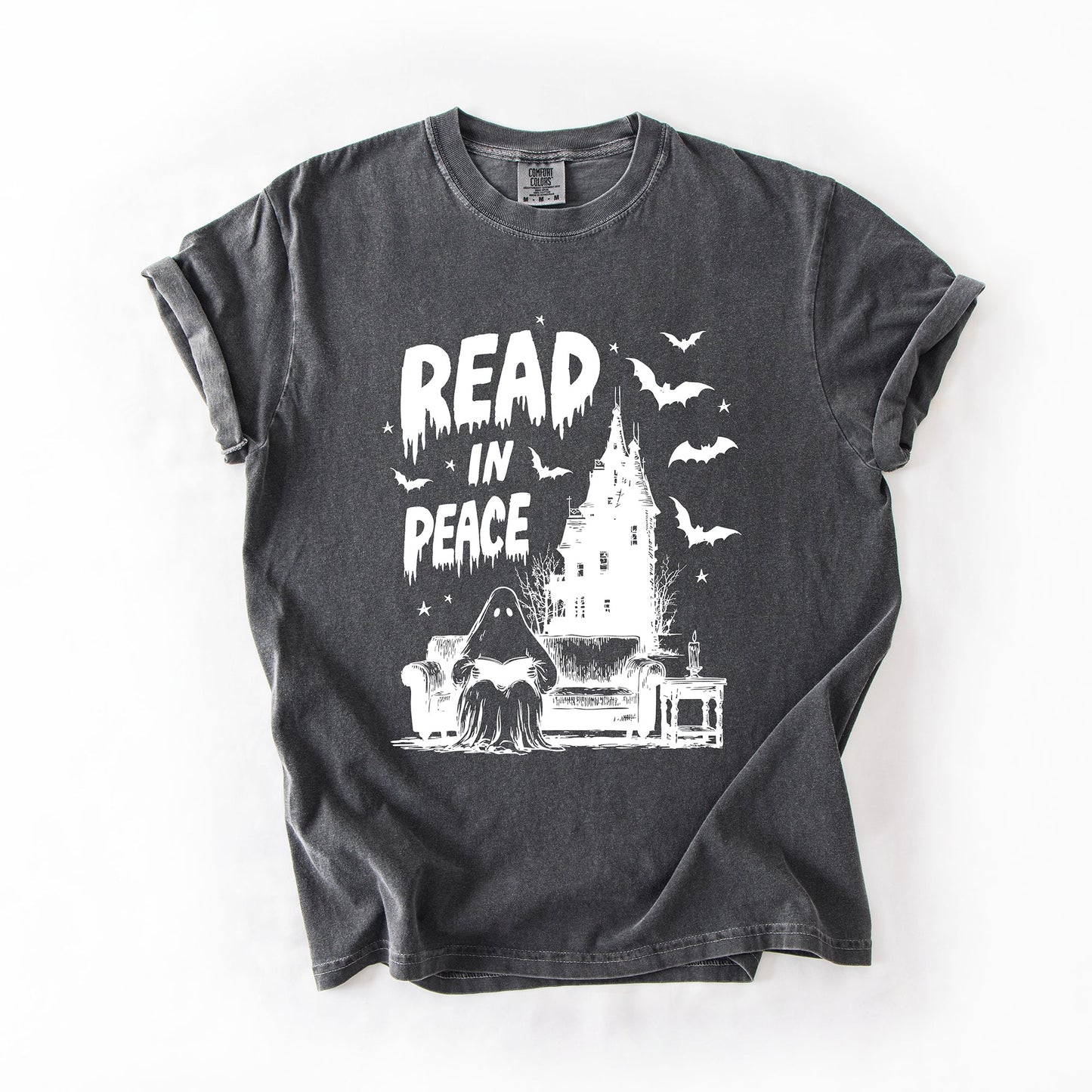 Read In Peace, Ghost, Haunted, Halloween, Spooky, Bookish, Library, Booktok, Trending Graphic Tee, Comfort Colors T-Shirt