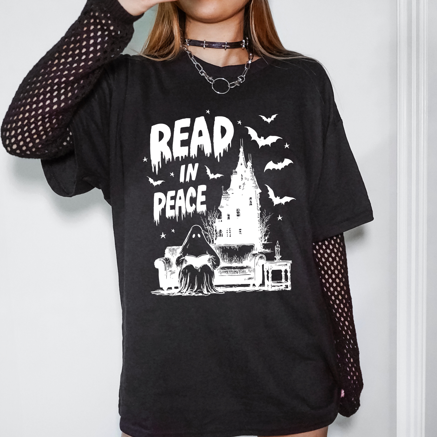Read In Peace, Ghost, Haunted, Halloween, Spooky, Bookish, Library, Booktok, Trending Graphic Tee, Black Tshirt