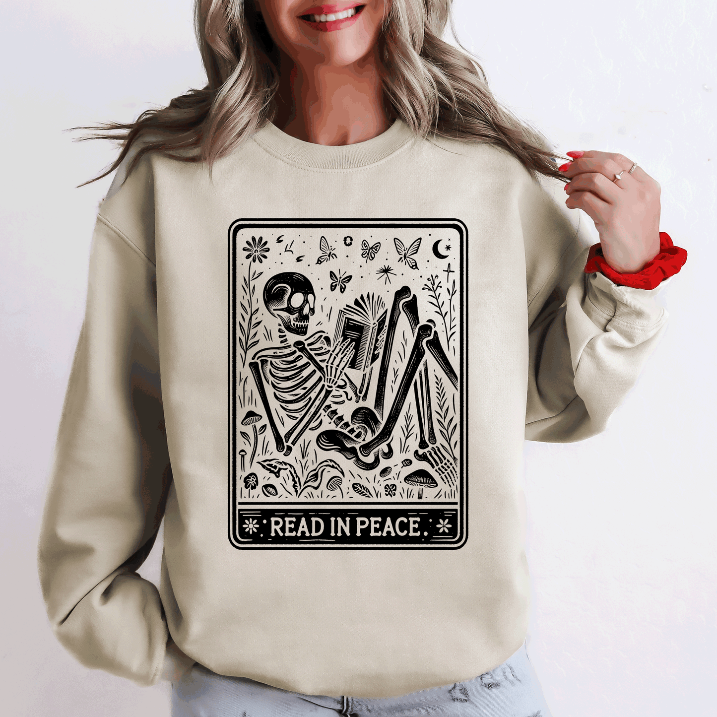 Read In Peace Skeleton Tarot Graphic Halloween Sweatshirt Refinery Number One