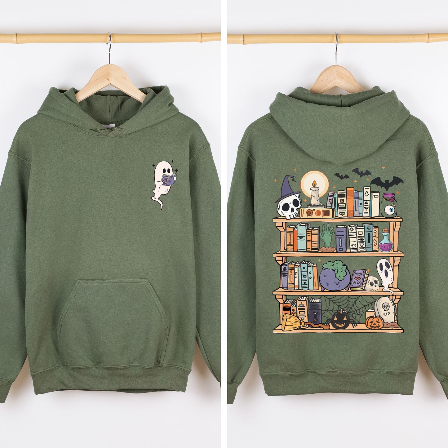 Reading Ghost, Halloween, Library, Spooky, Front and Back, Teacher, Boo, Cute, Graphic Hoodie, Hooded Sweatshirt