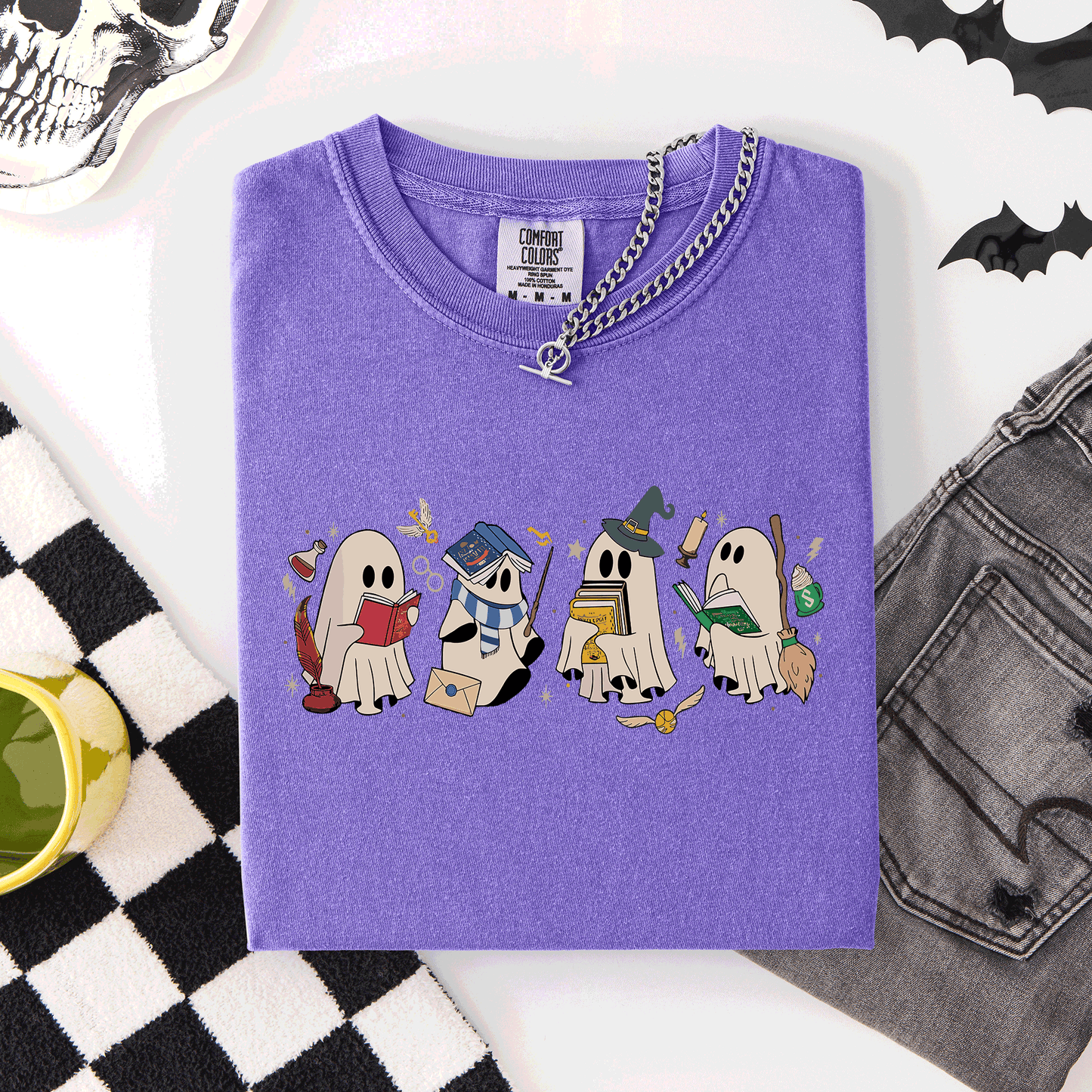 Reading Ghosts Witches Wizards Halloween Graphic Tee Comfort Colors T-Shirt