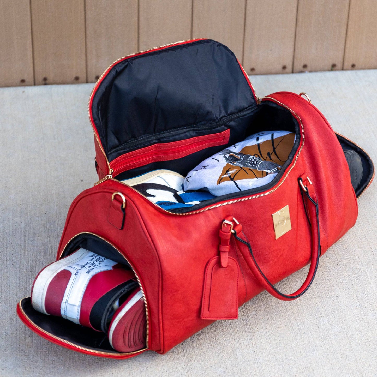 Red Tumbled Leather Weekender Duffle Bag Sole Premise