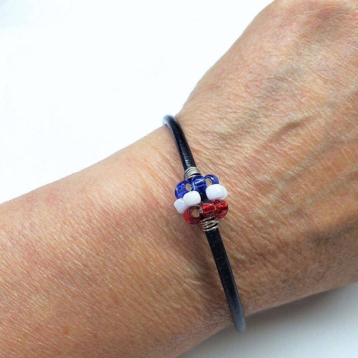 Red White Blue Beaded Bead Leather Bracelet Handmade Sterling Silver