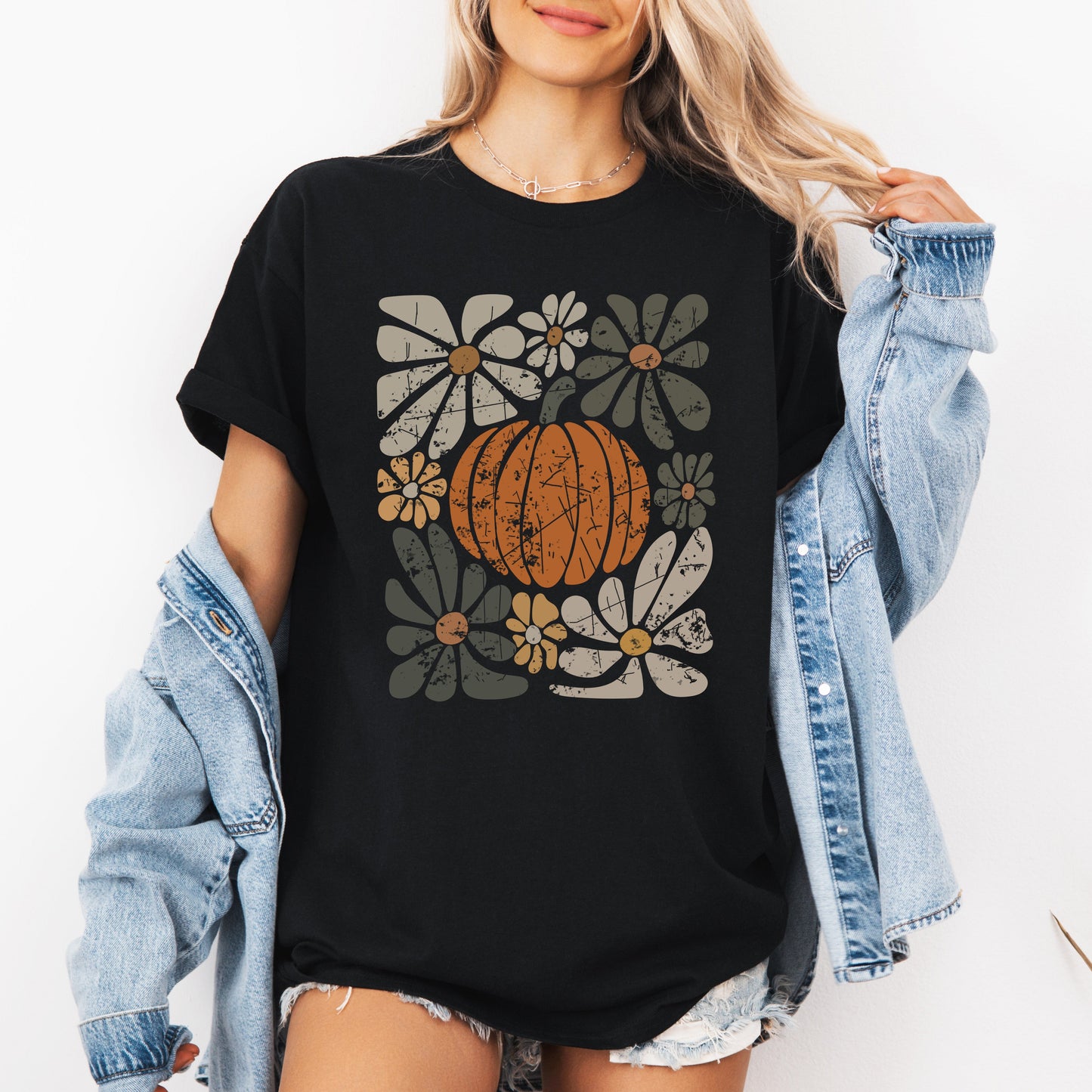 Retro Autumn Pumpkin and Flowers Fall T-shirt Refinery Number One